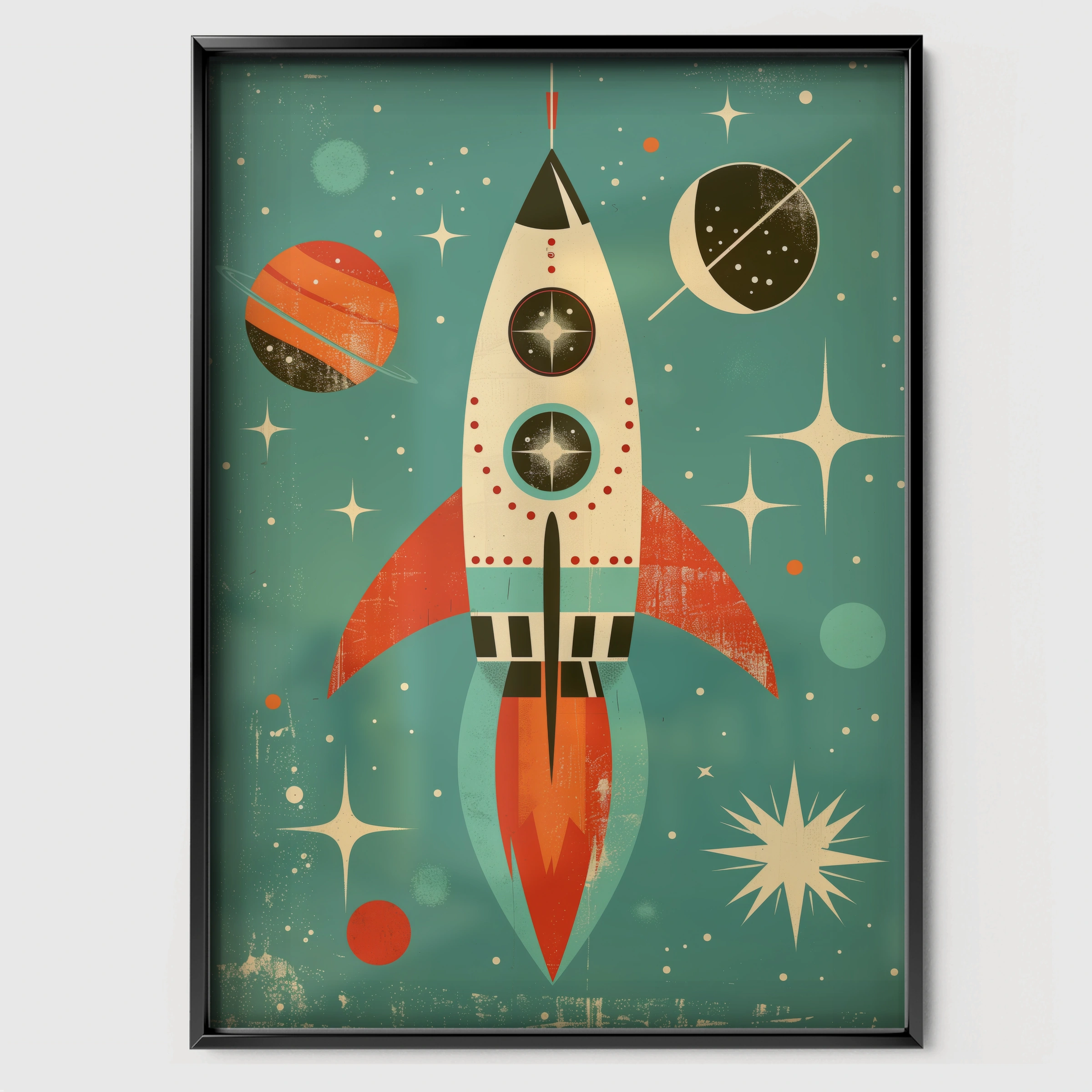 Retro Rocket Nursery Print - black framed nursery wall art print