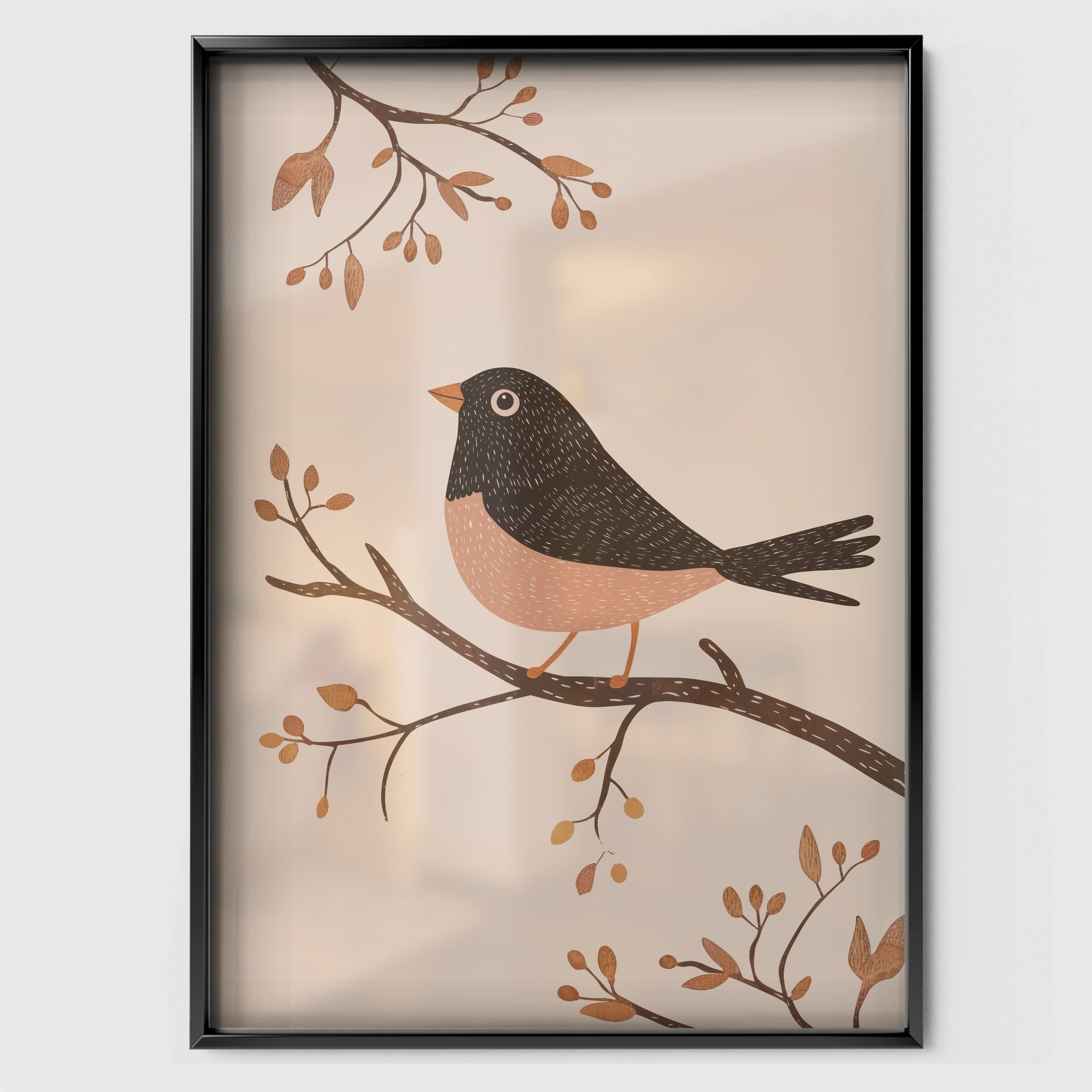 Robin on a Branch Nursery Print - black framed nursery wall art print