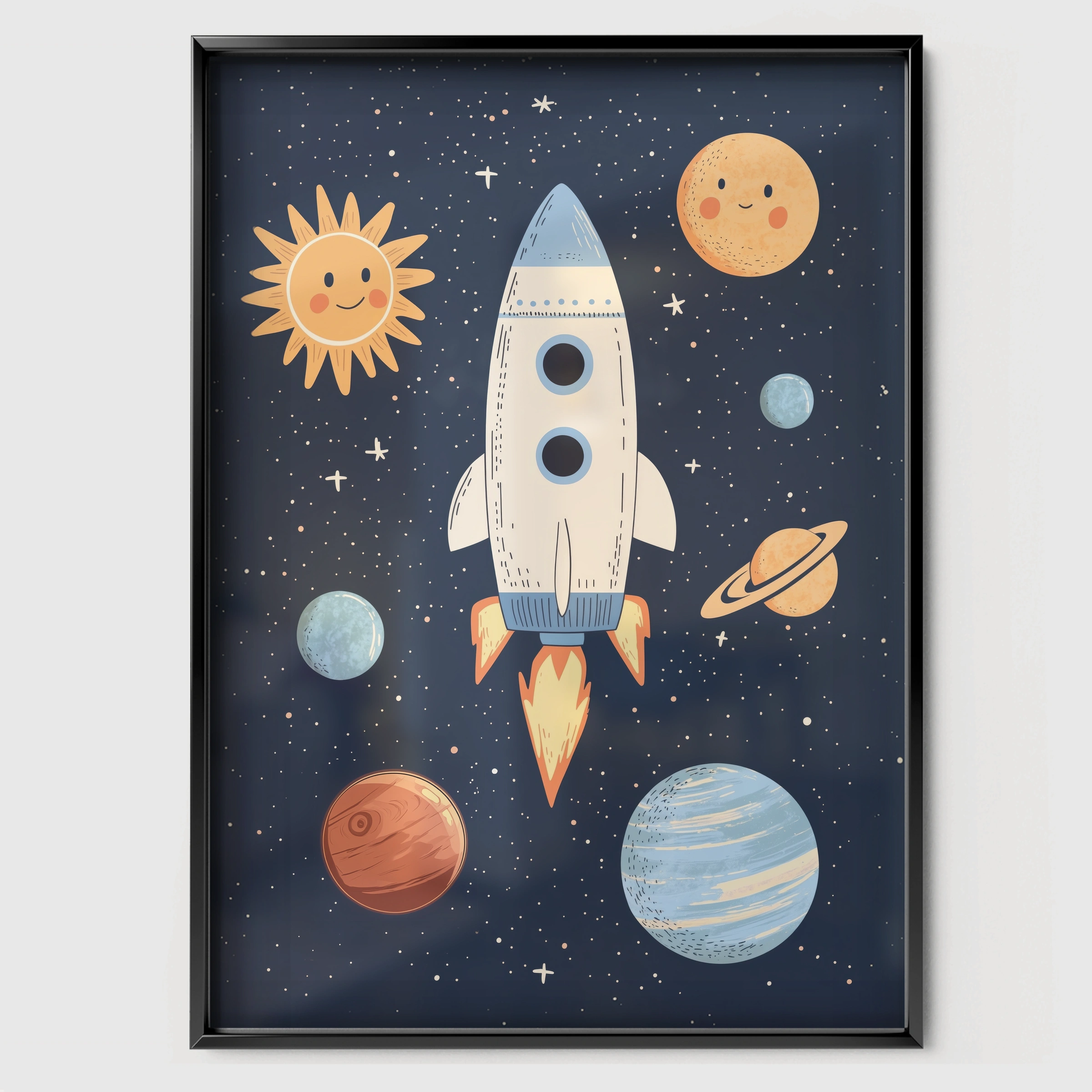 Rocket and Planets Nursery Print - black framed nursery wall art print