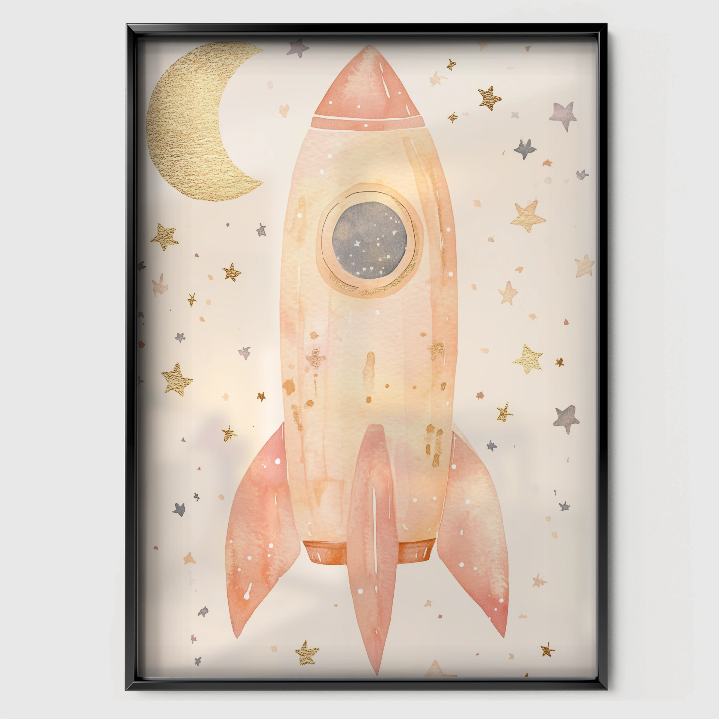 Rocket and Stars Nursery Print - black framed nursery wall art print