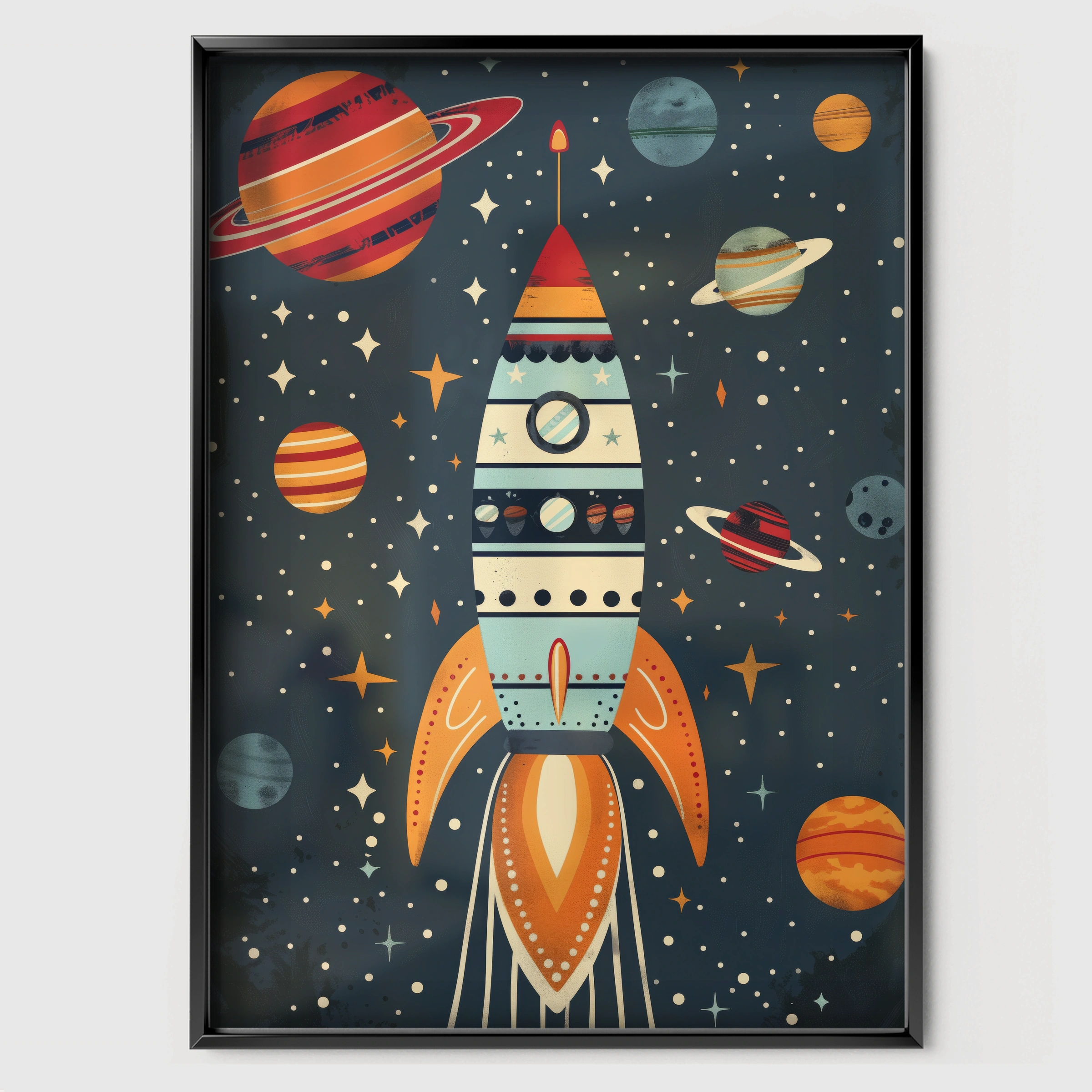 Rocket in Space Nursery Print - black framed nursery wall art print