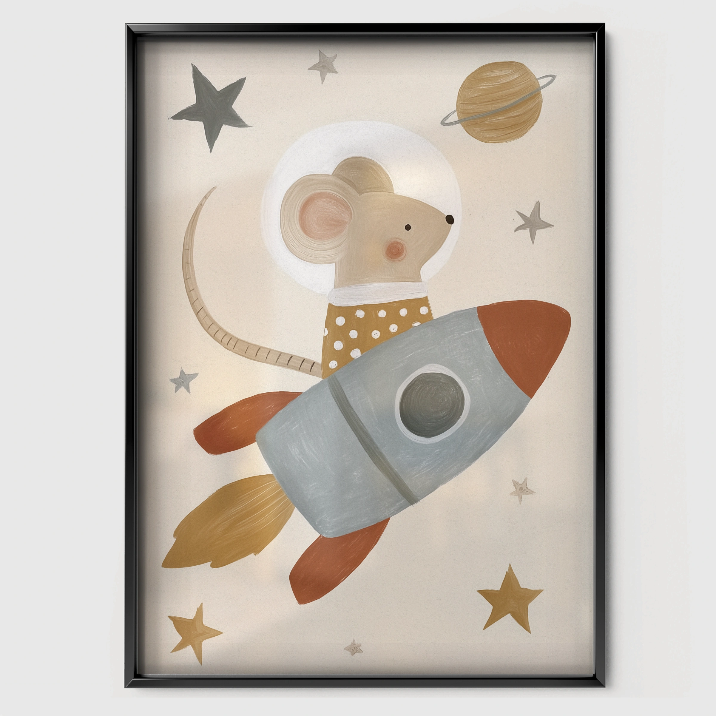 Rocket Mouse Nursery Print - black framed nursery wall art print