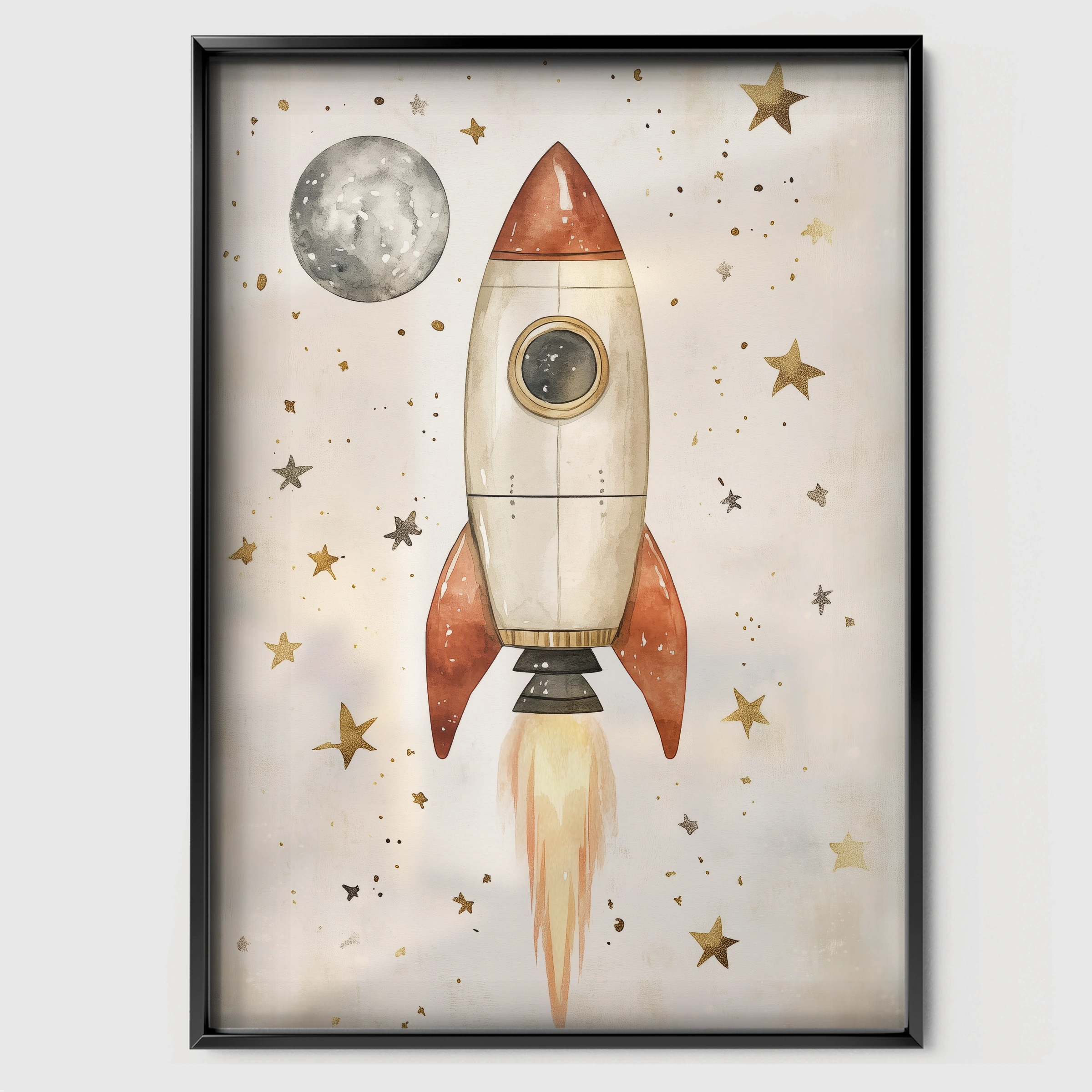Rocket to the Moon Nursery Print - black framed nursery wall art print