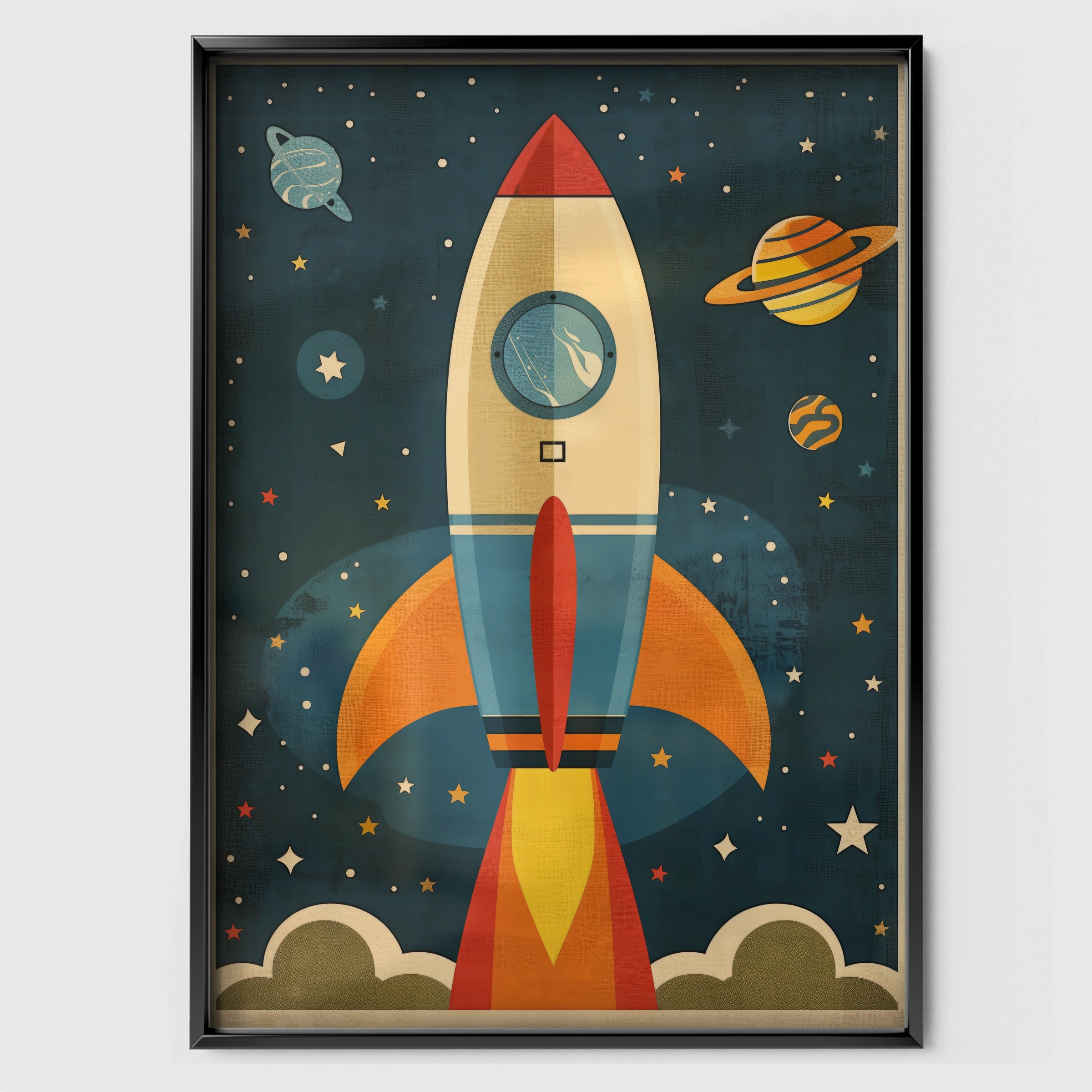 Rocket to the Stars Nursery Print - black framed nursery wall art print