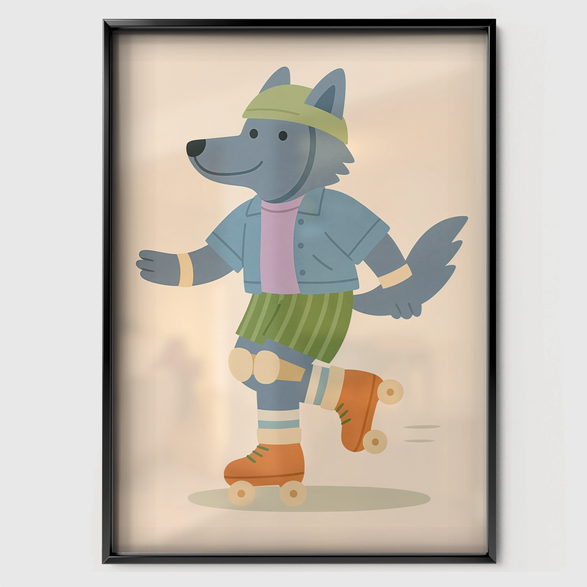 Roller Skating Wolf Nursery Print - black framed nursery wall art print