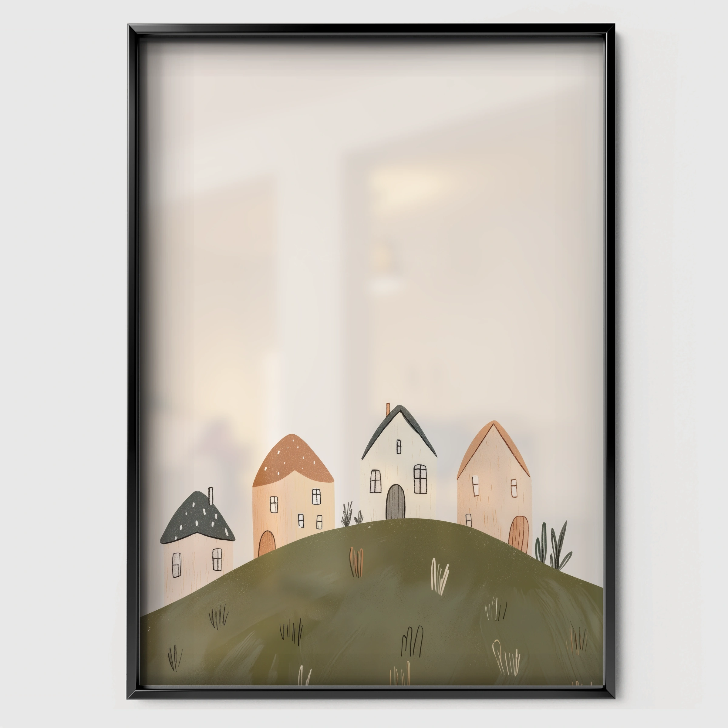 Rolling Hills Village Nursery Print - black framed nursery wall art print