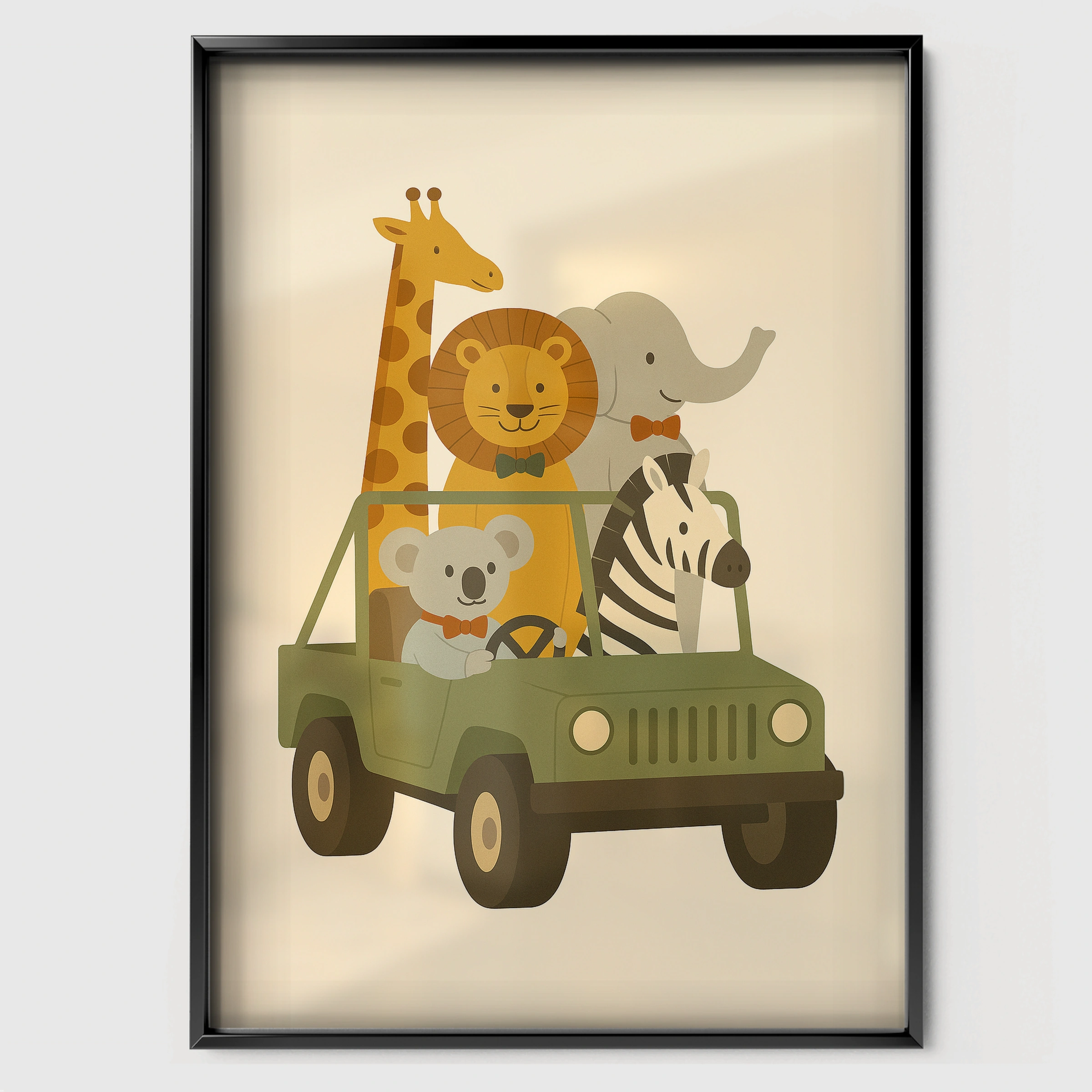 Safari Animals in a Jeep Nursery Print - black framed nursery wall art print