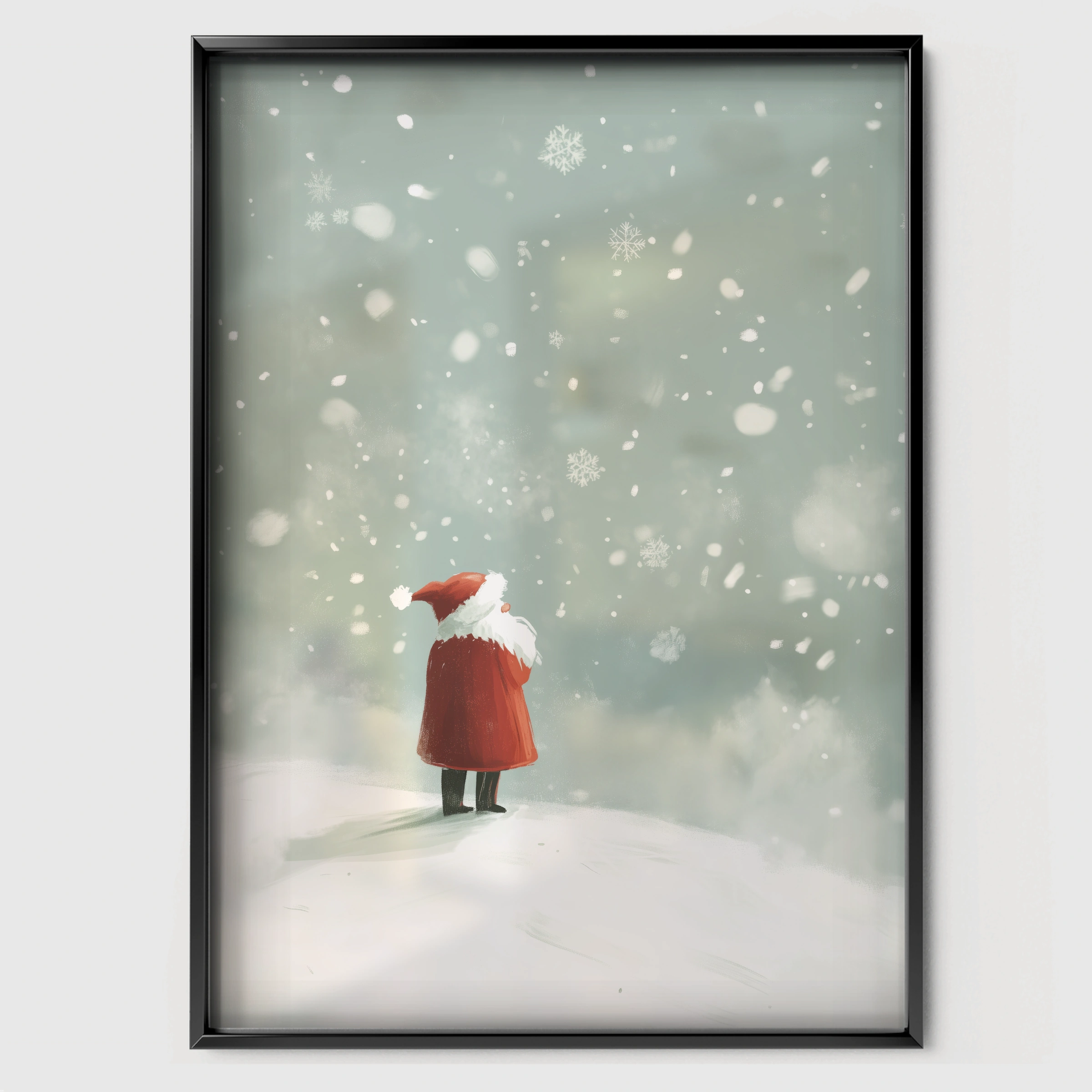 Santa in the Snow Christmas Print - black framed nursery wall art print