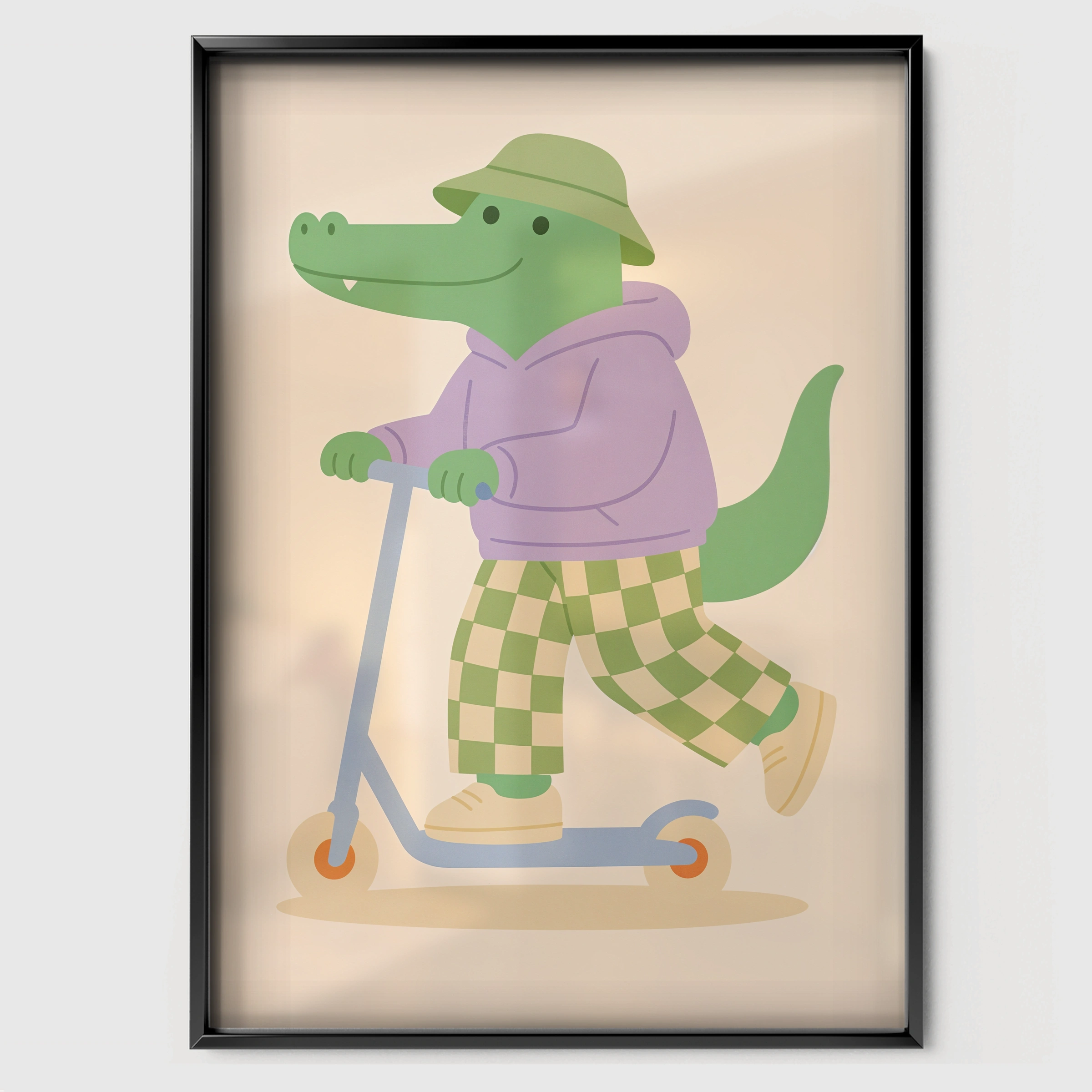 Scooter Crocodile Nursery Print - black framed nursery wall art print