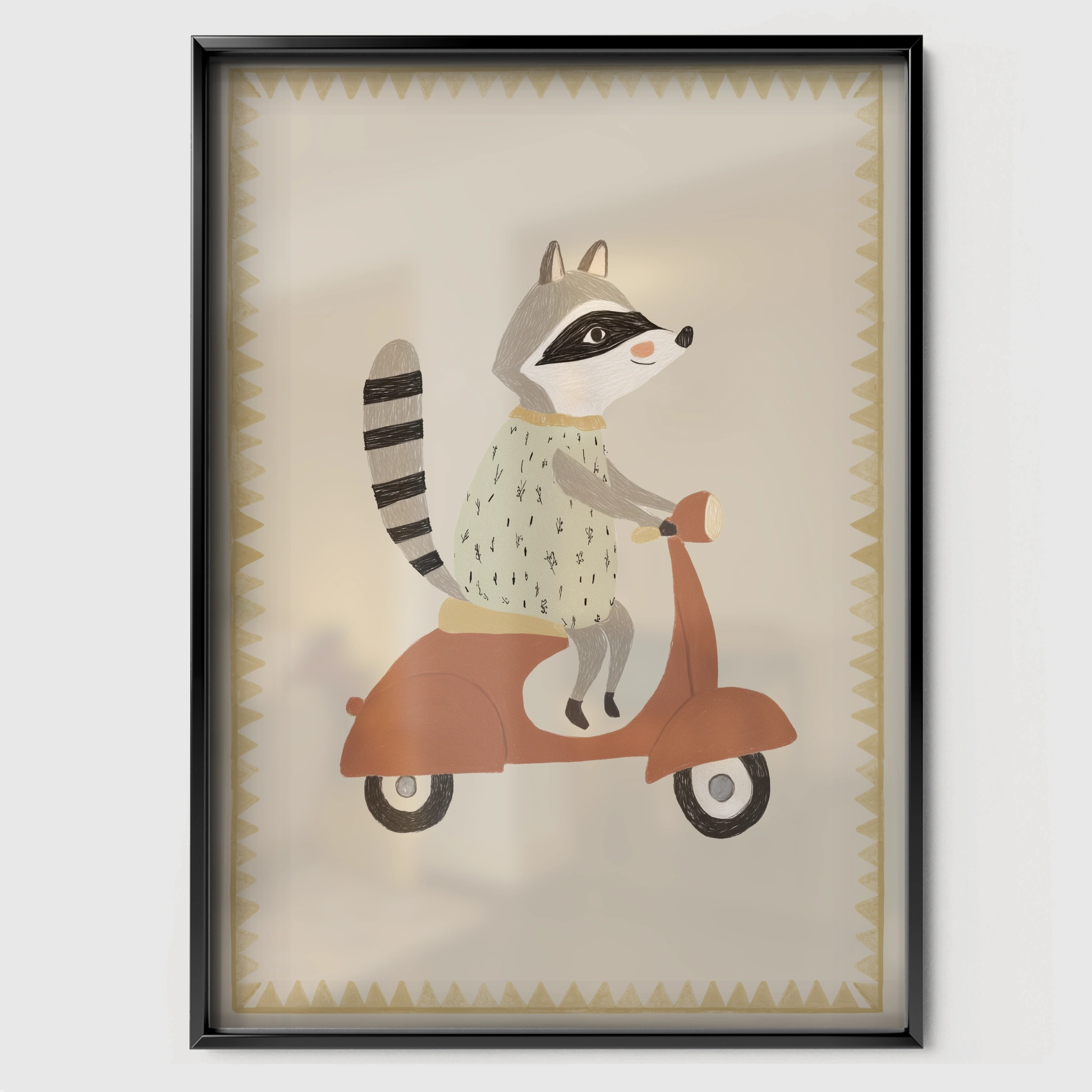 Scooter Raccoon Nursery Print - black framed nursery wall art print