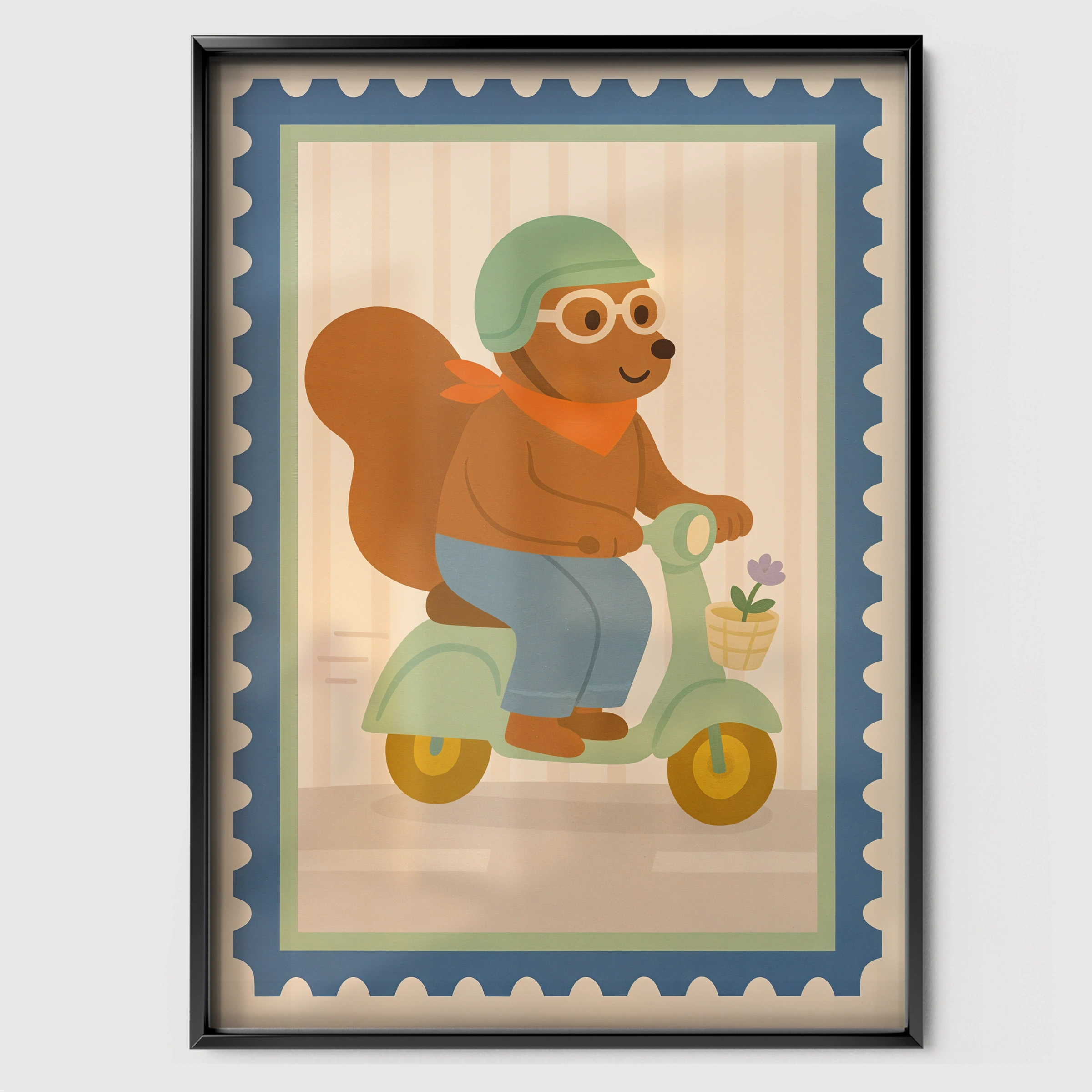 Scooter Squirrel Nursery Print - black framed nursery wall art print