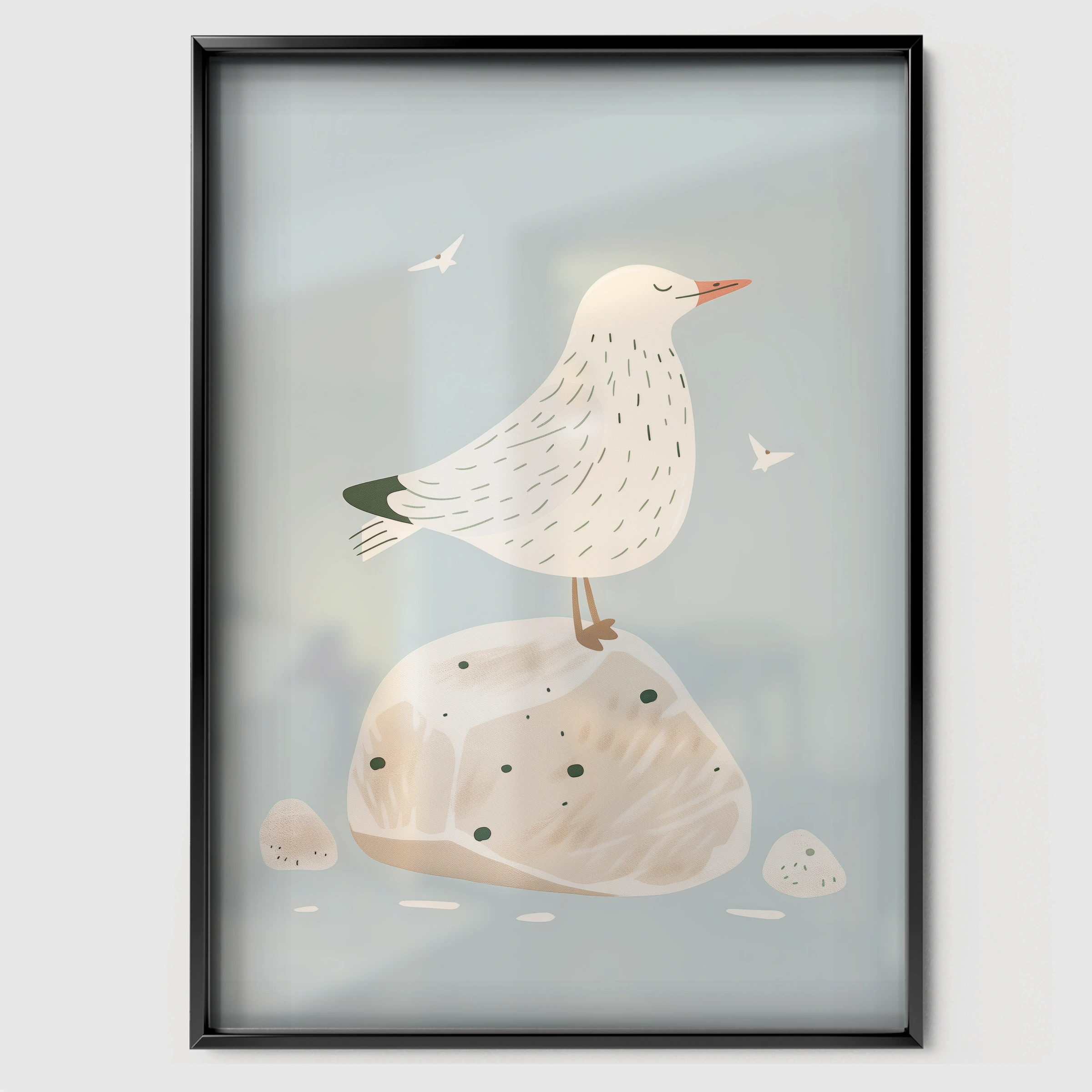 Seaside Gulls Nursery Print - black framed nursery wall art print