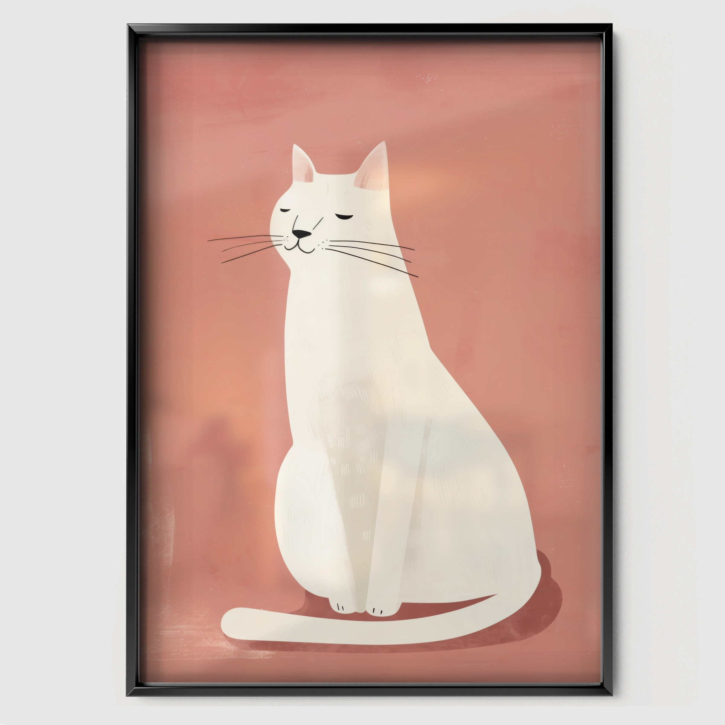 Serene White Cat Nursery Print - black framed nursery wall art print
