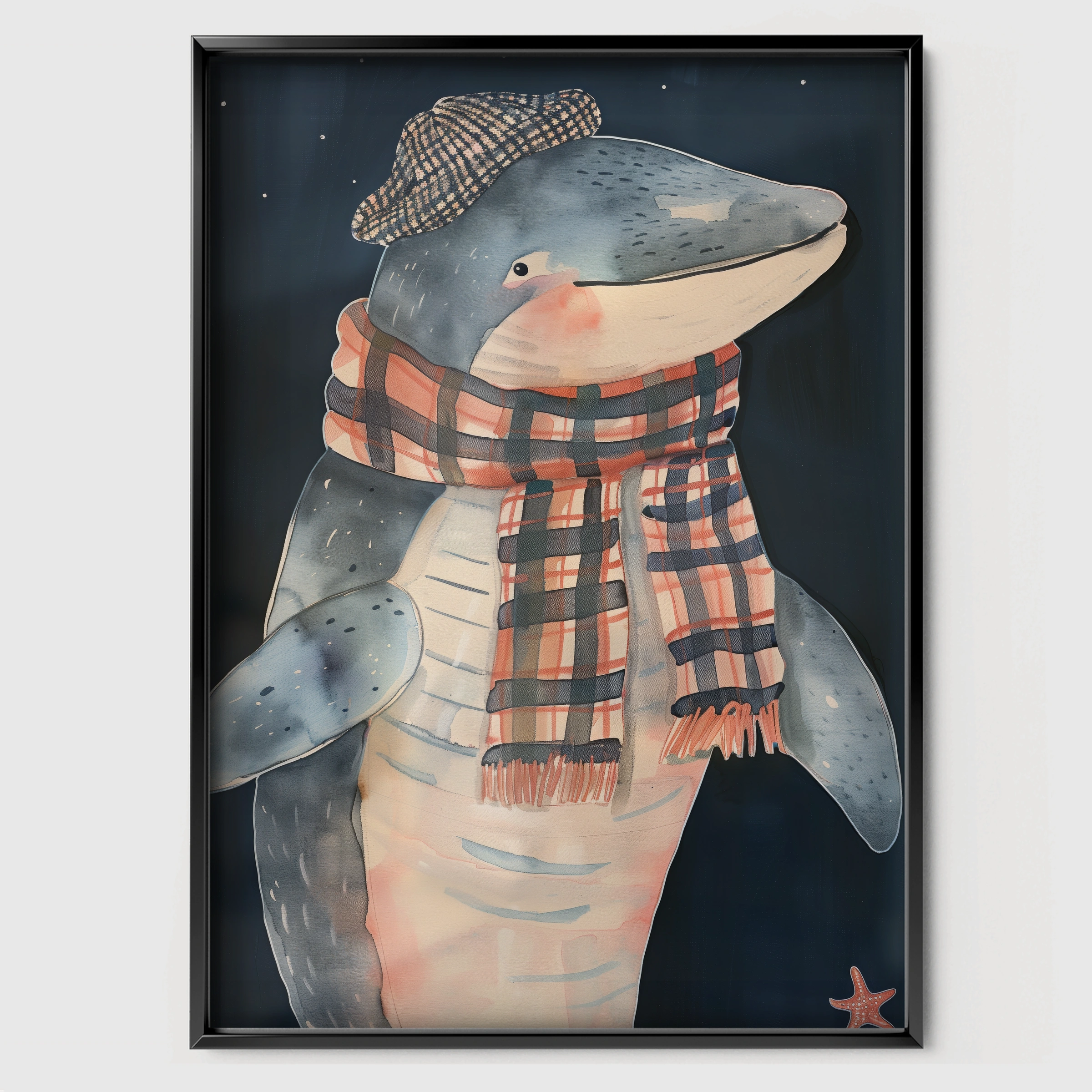 Shark in a Scarf Nursery Print - black framed nursery wall art print