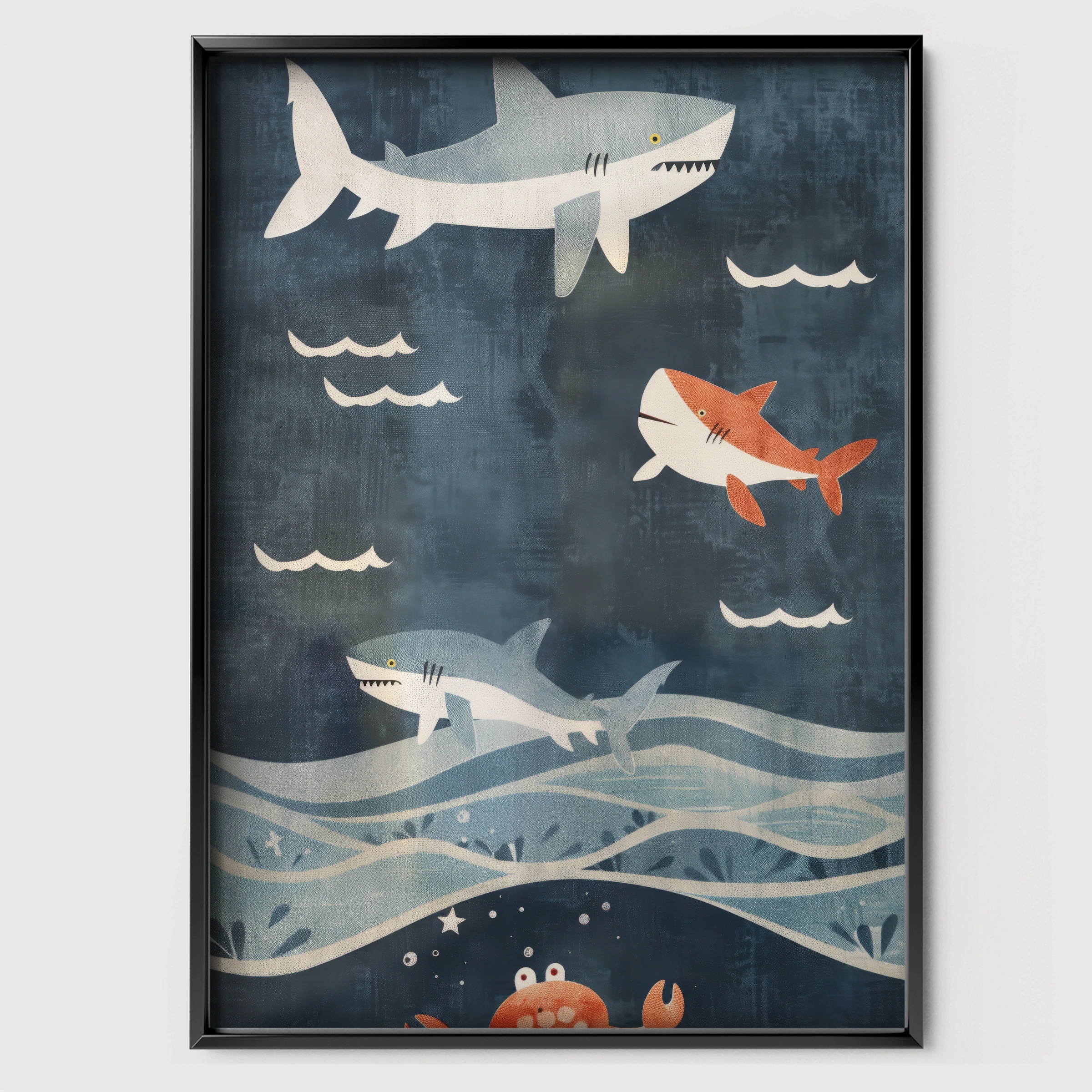 Sharks in the Ocean Nursery Print - black framed nursery wall art print