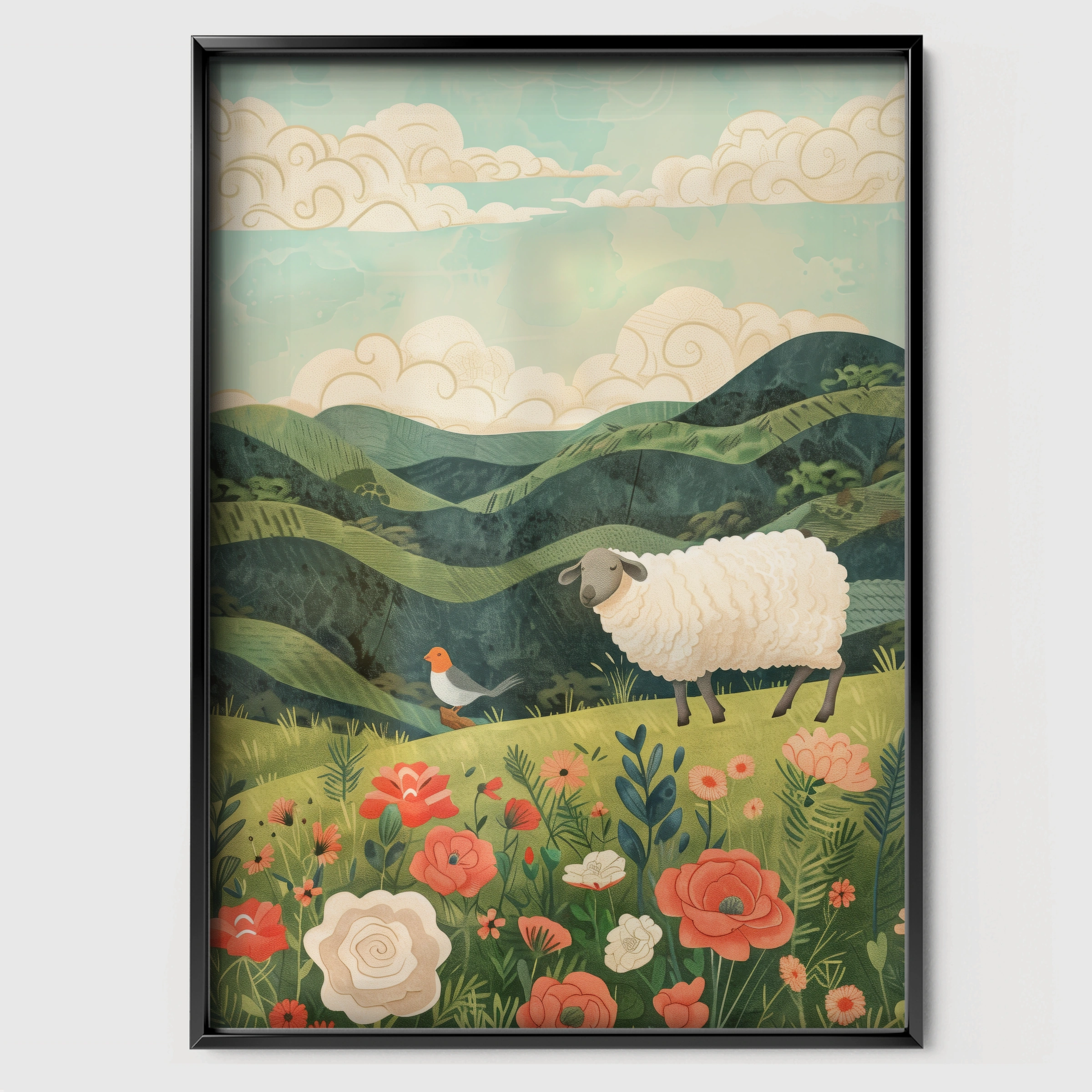 Sheep in the Meadow Nursery Print - black framed nursery wall art print