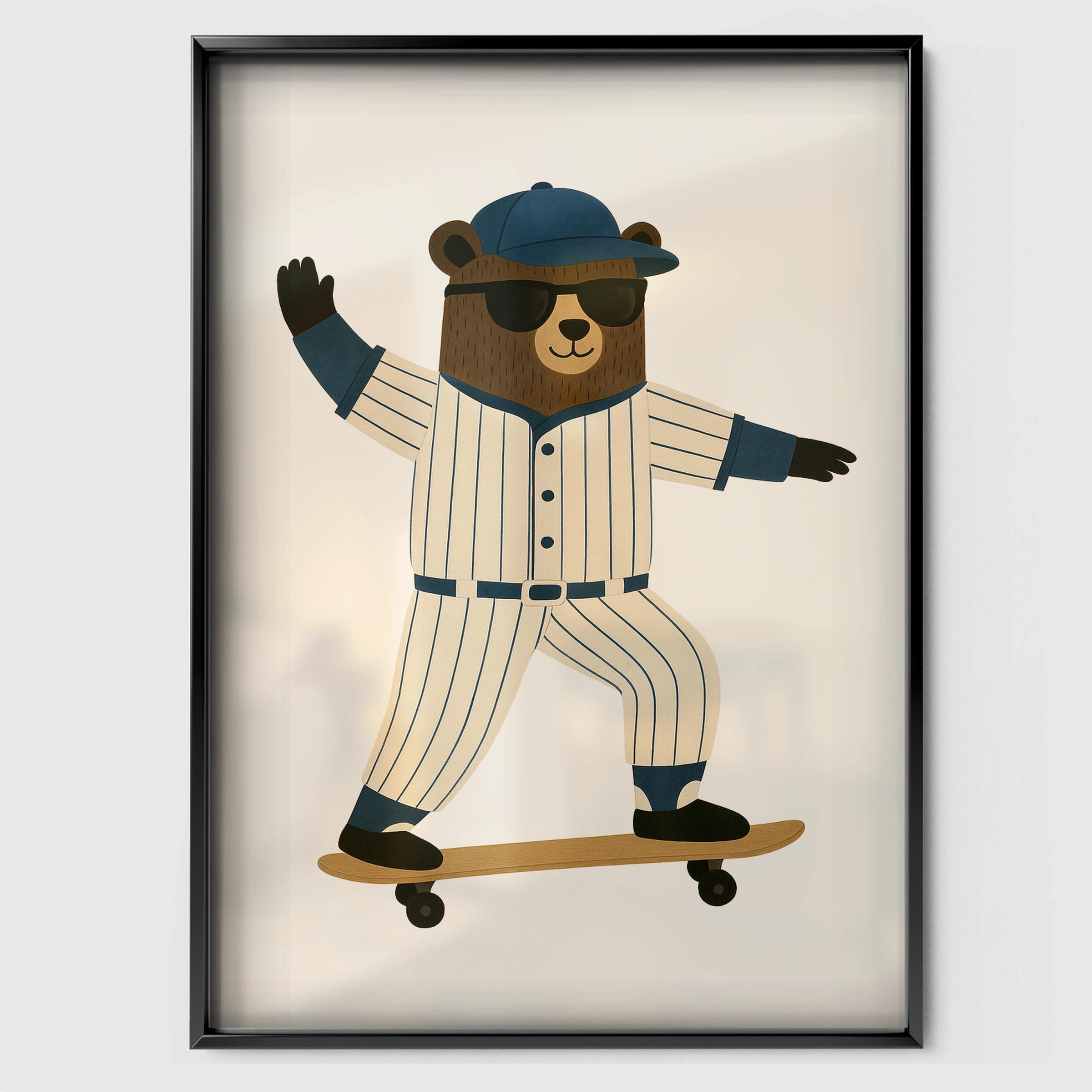 Skateboard Baseball Bear Nursery Print - black framed nursery wall art print
