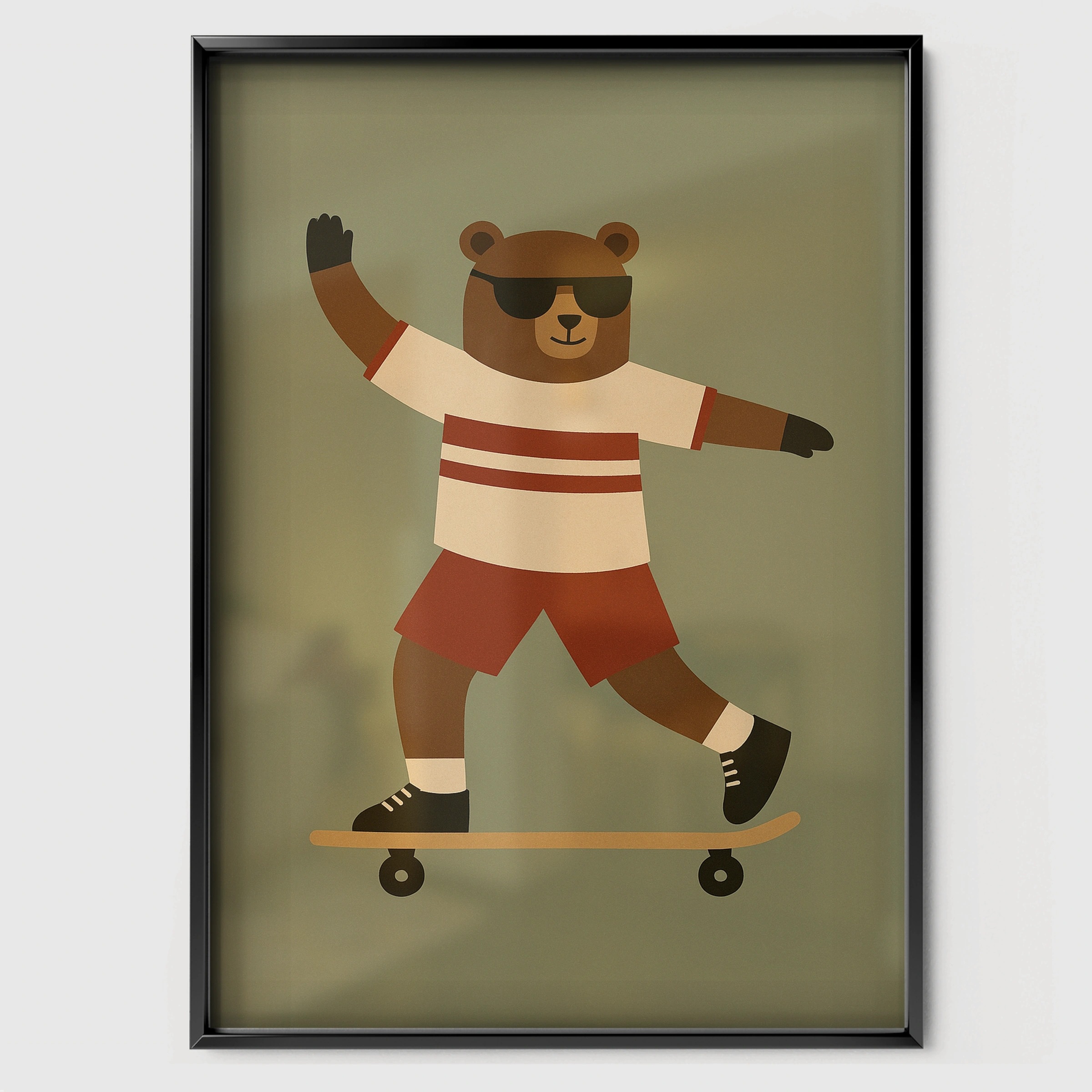 Skateboard Bear Nursery Print - black framed nursery wall art print