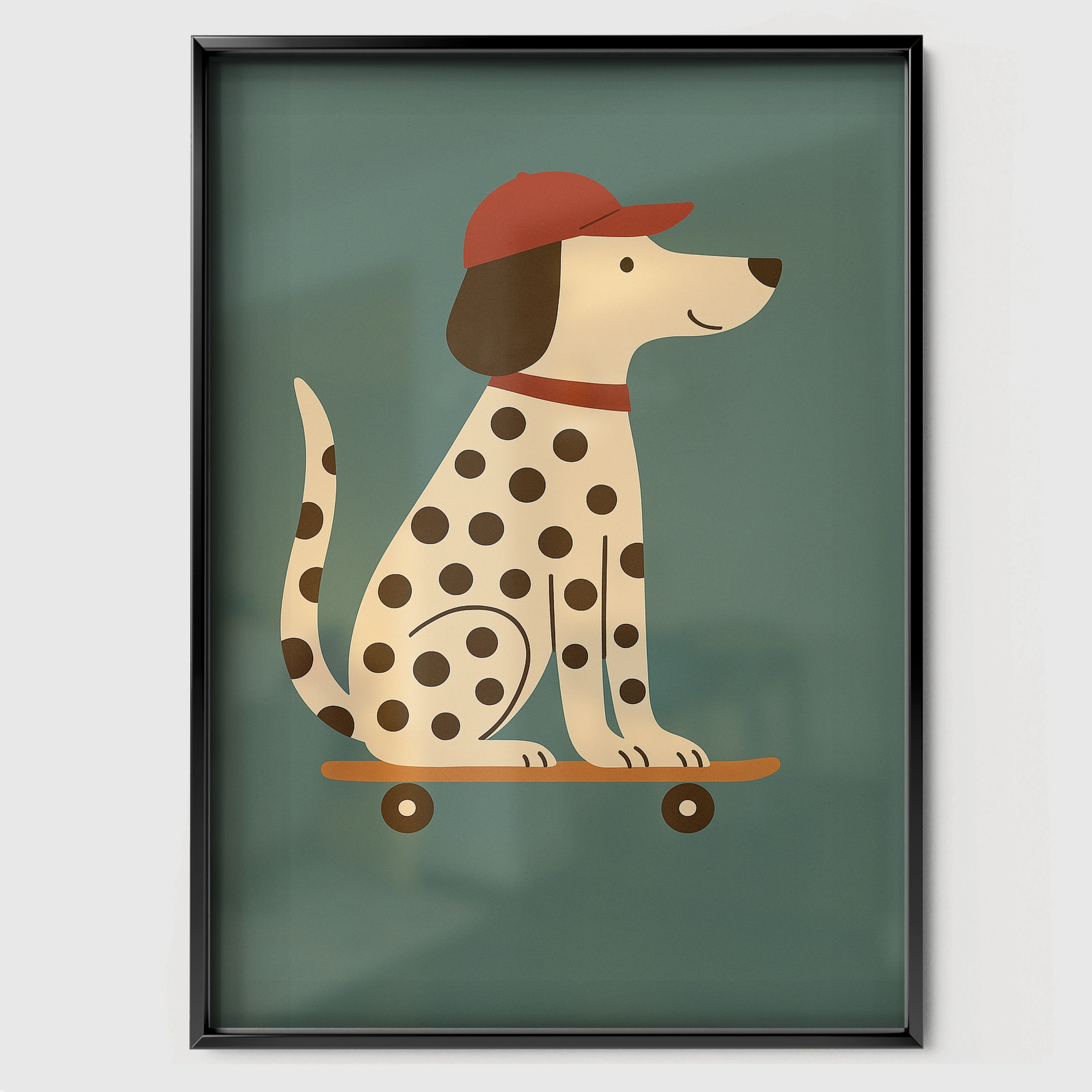 Skateboard Dalmatian Nursery Print - black framed nursery wall art print