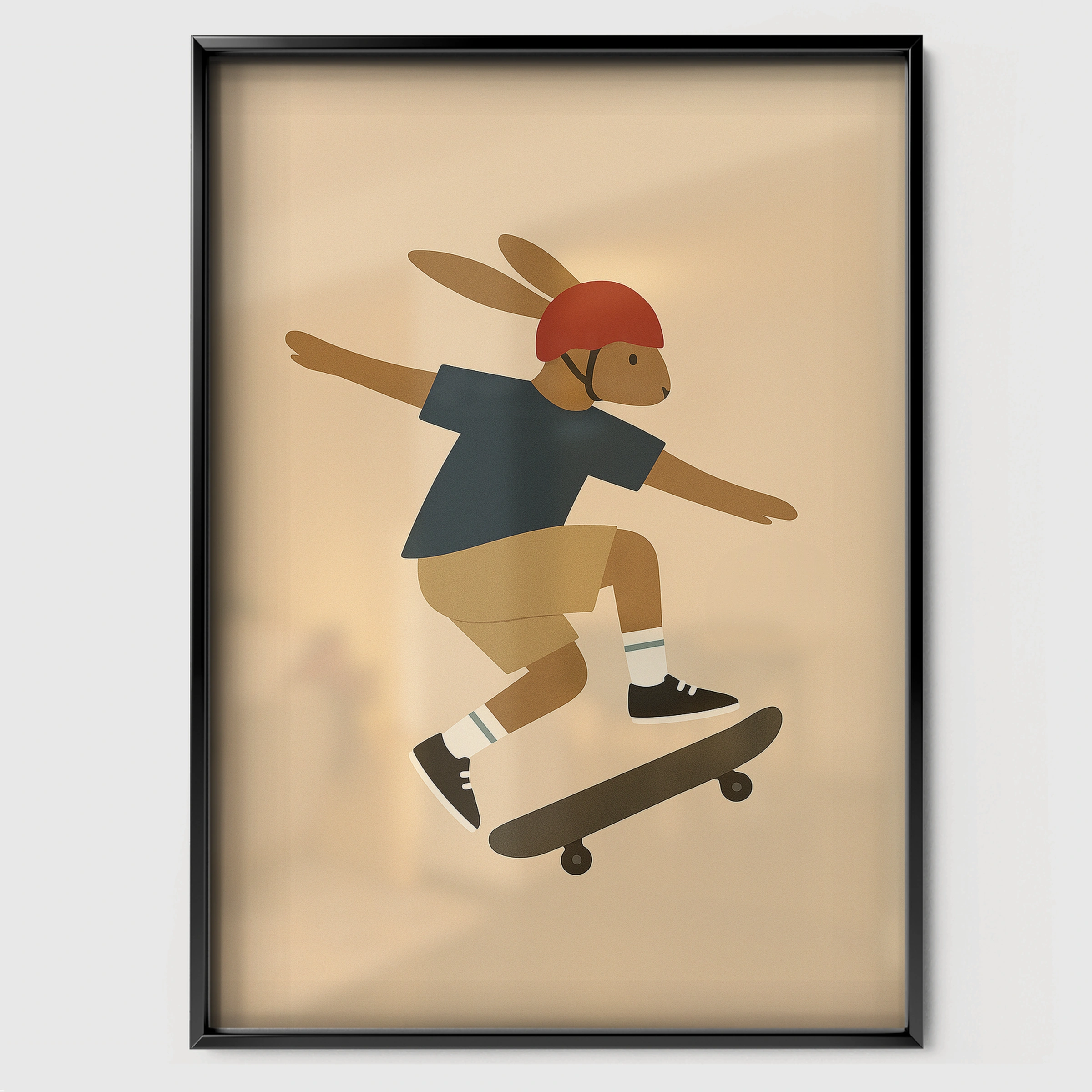 Skateboard Rabbit Nursery Print - black framed nursery wall art print