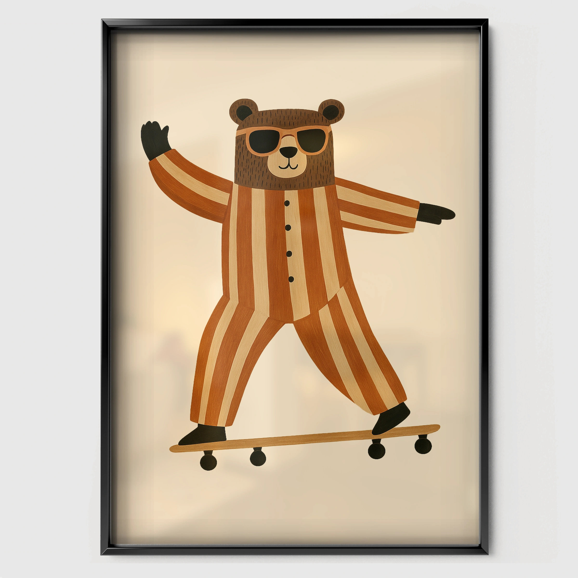 Skateboarding Bear Nursery Print - black framed nursery wall art print