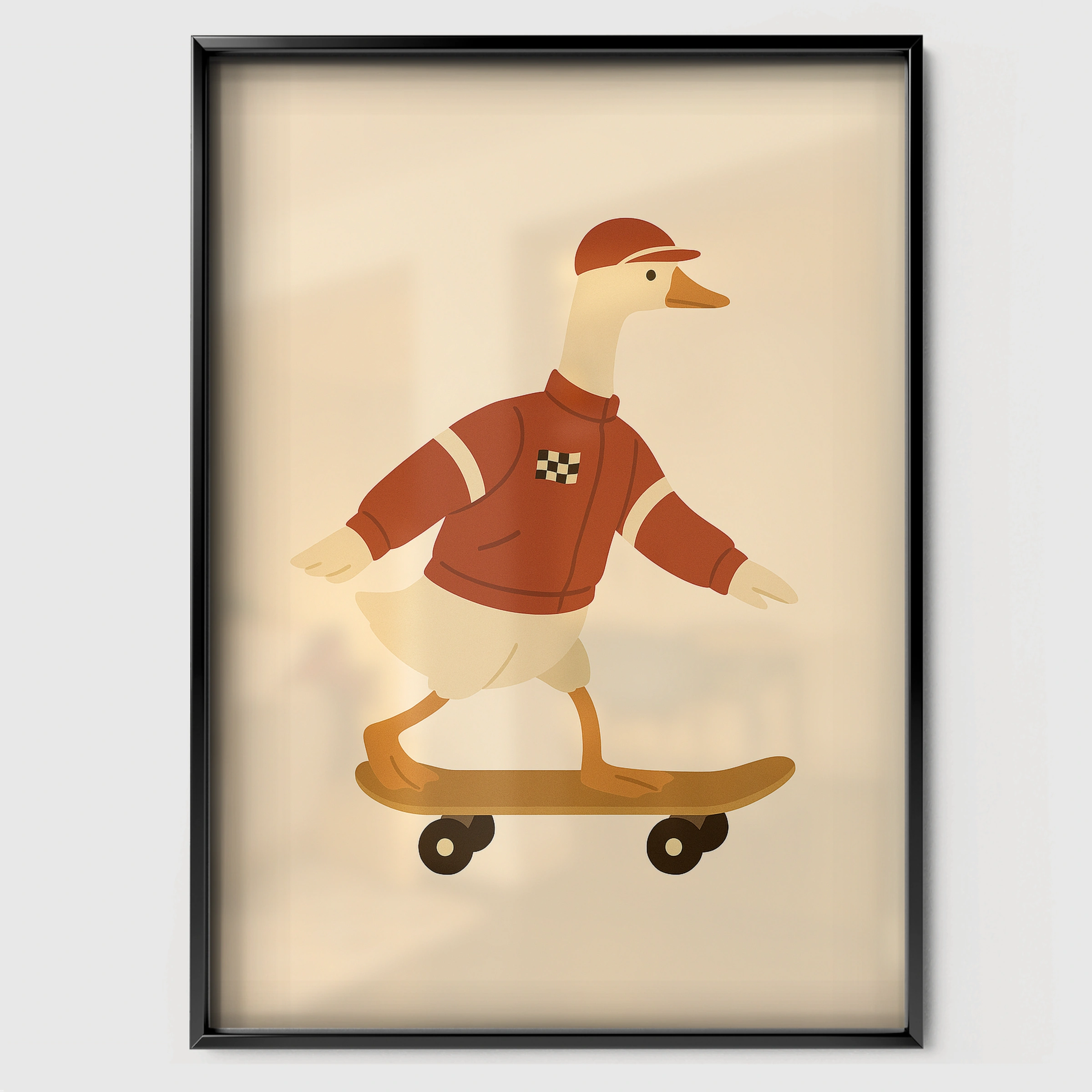Skateboarding Goose Nursery Print - black framed nursery wall art print