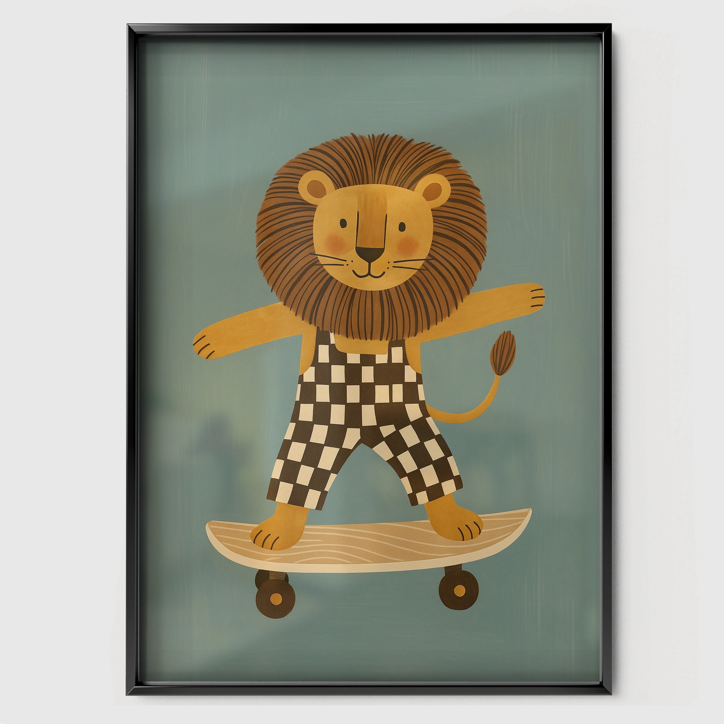 Skateboarding Lion Nursery Print - black framed nursery wall art print