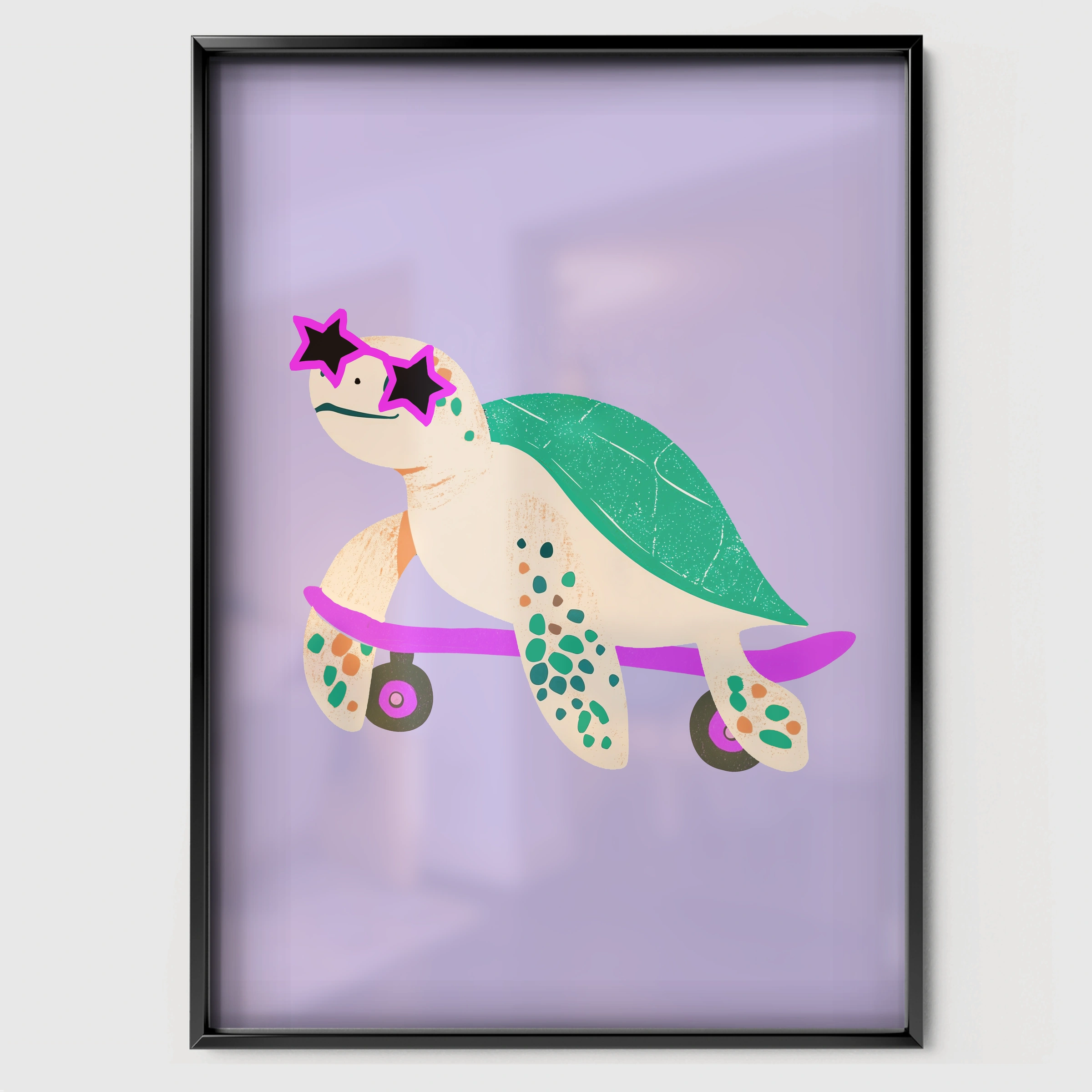 Skateboarding Turtle Nursery Print - black framed nursery wall art print