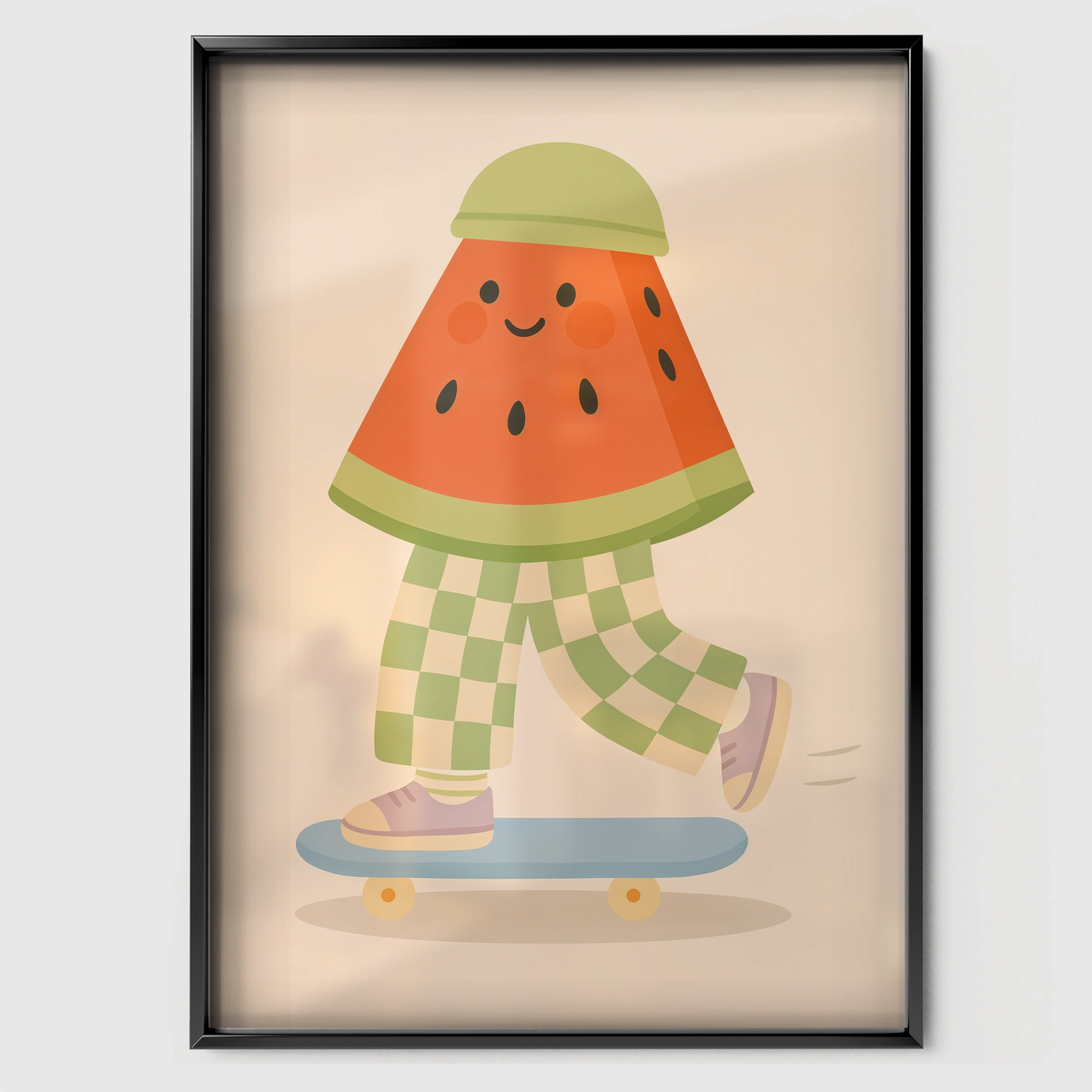 Skateboarding Watermelon Nursery Print - black framed nursery wall art print