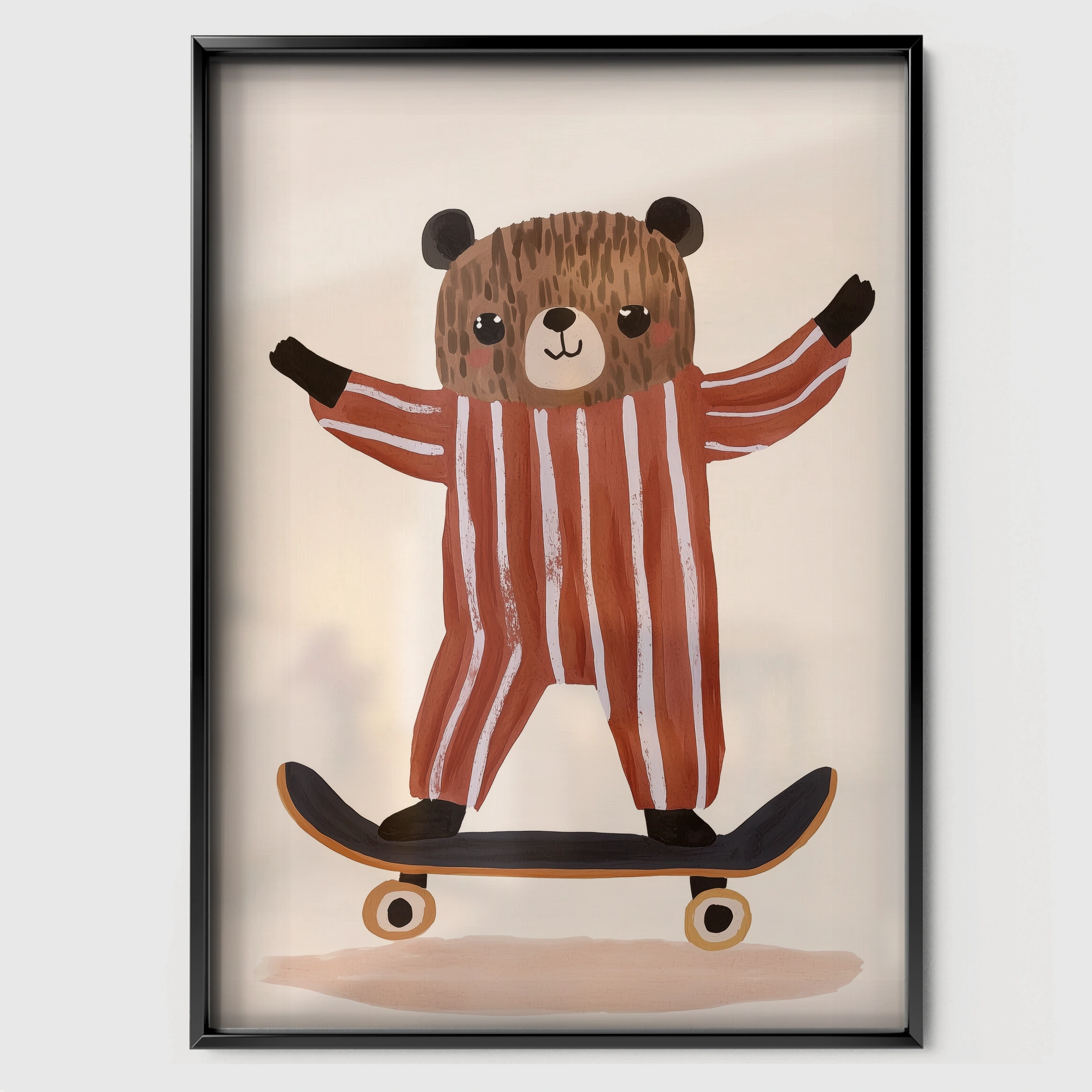 Skater Bear Nursery Print - black framed nursery wall art print