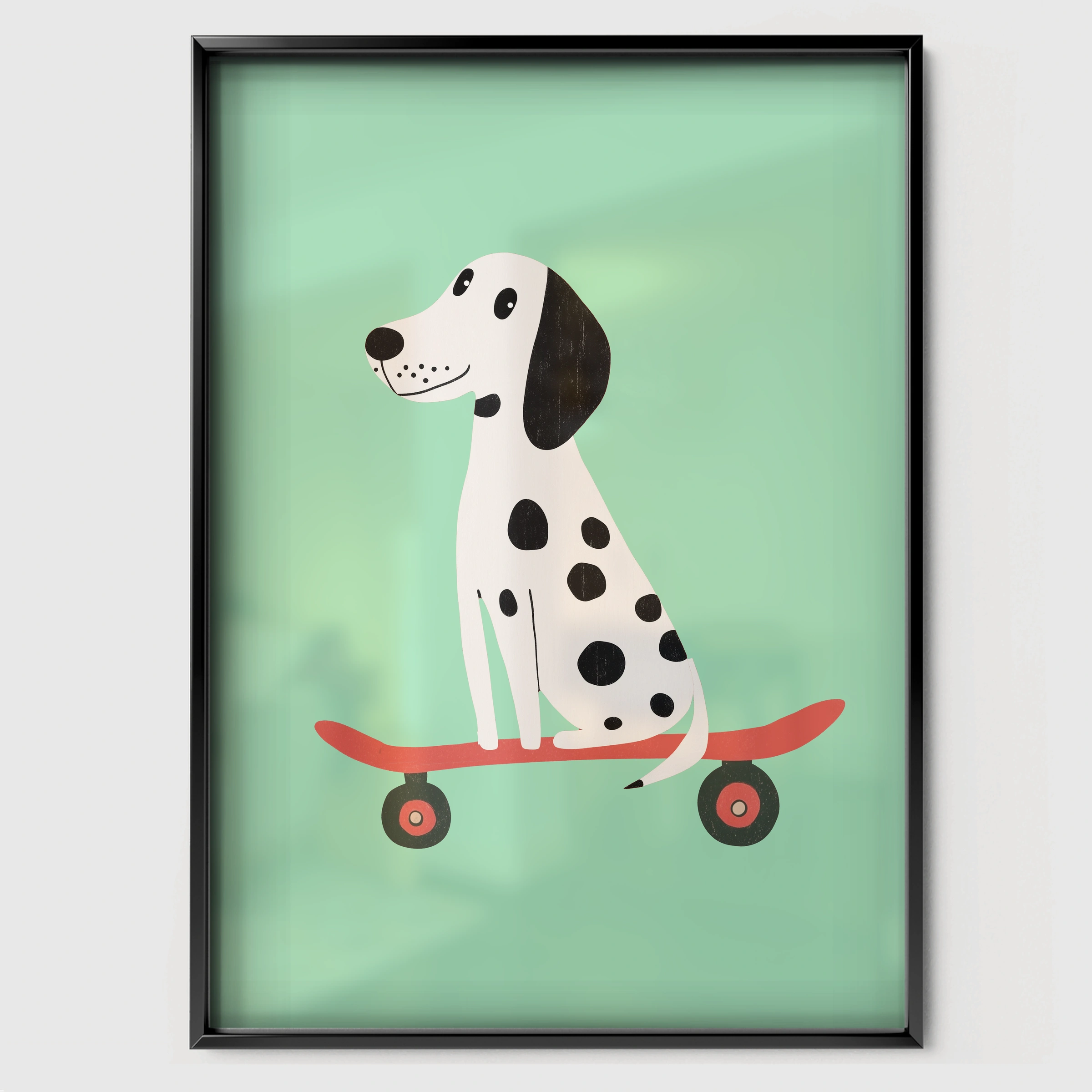 Skater Dalmatian Nursery Print - black framed nursery wall art print