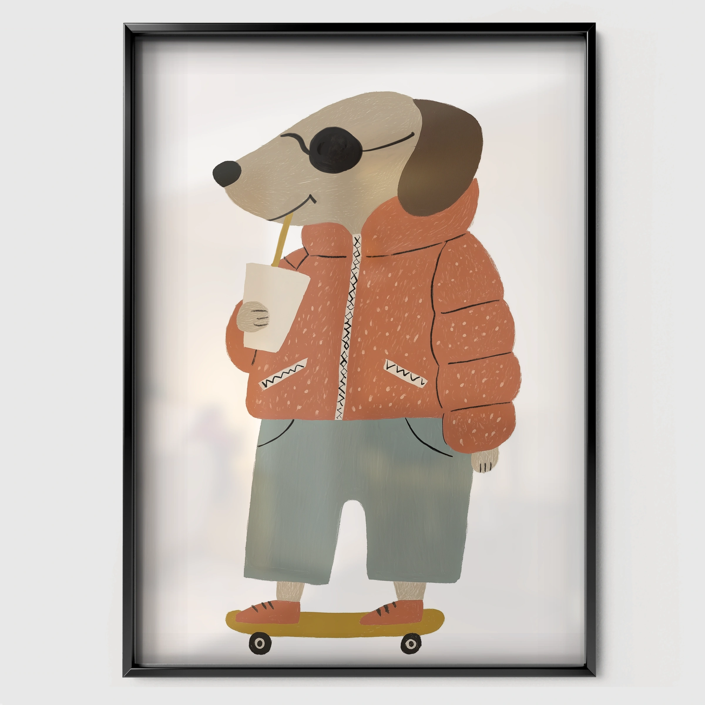 Skater Dog Nursery Print - black framed nursery wall art print