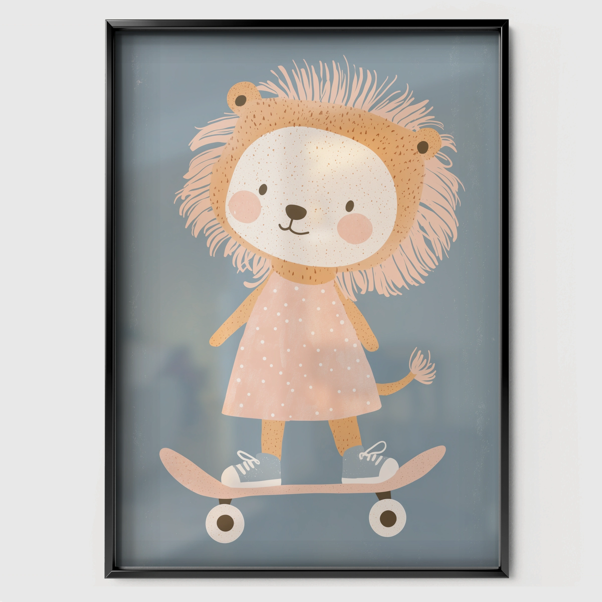 Skater Lion Nursery Print - black framed nursery wall art print