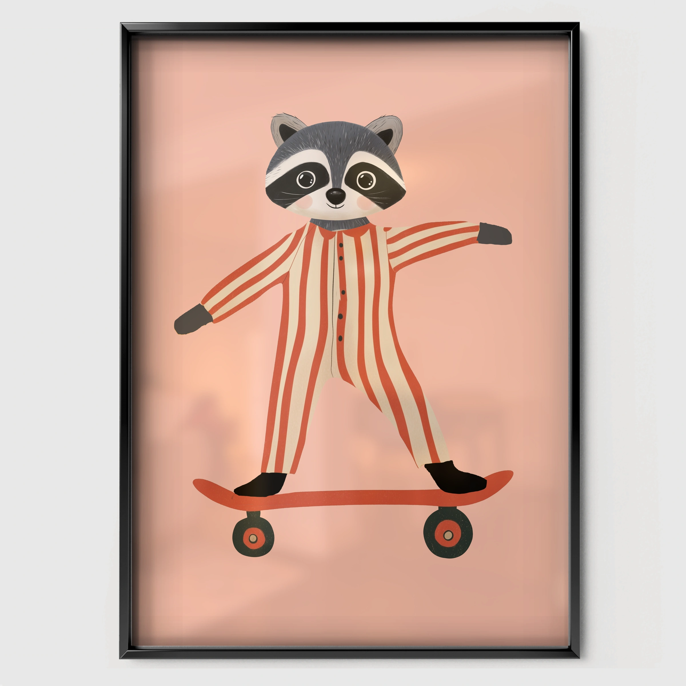 Skater Raccoon Nursery Print - black framed nursery wall art print