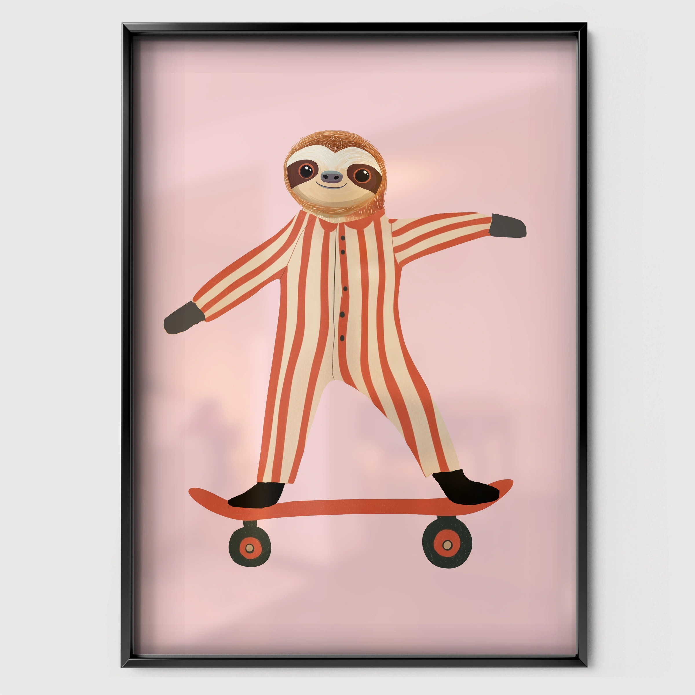 Skater Sloth Nursery Print - black framed nursery wall art print