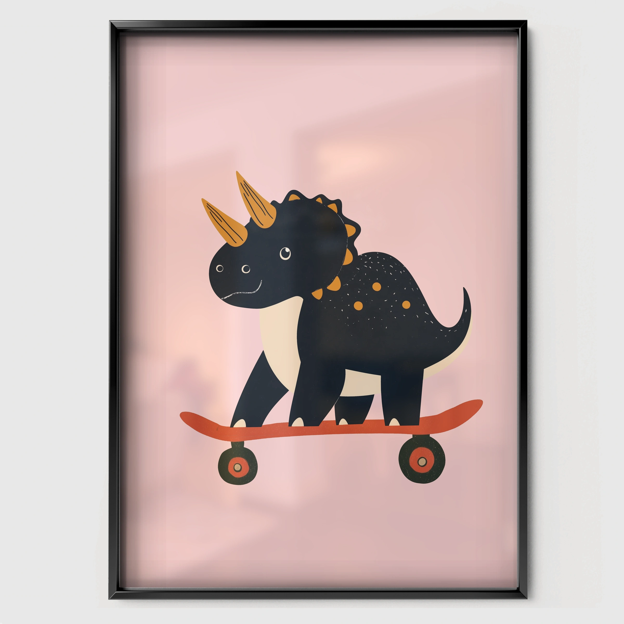 Skater Triceratops Nursery Print - black framed nursery wall art print