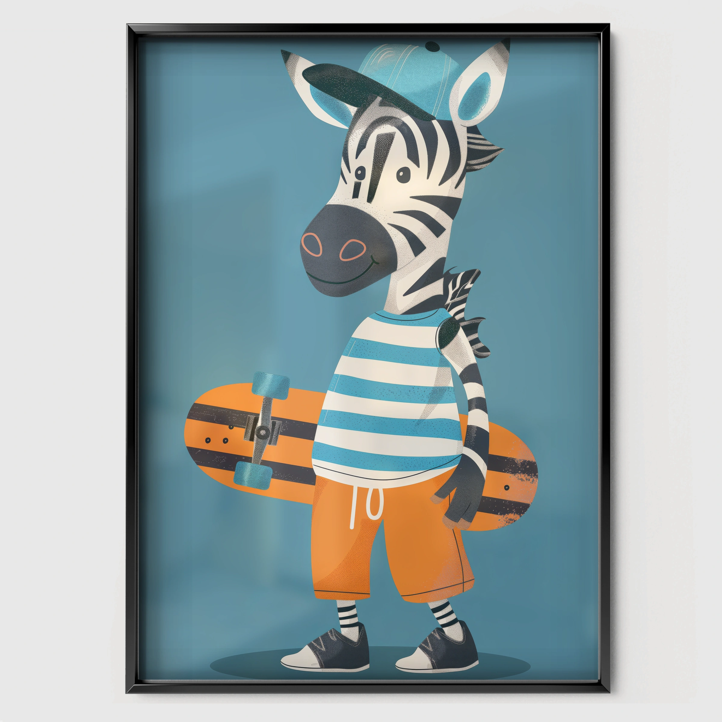Skater Zebra Nursery Print - black framed nursery wall art print