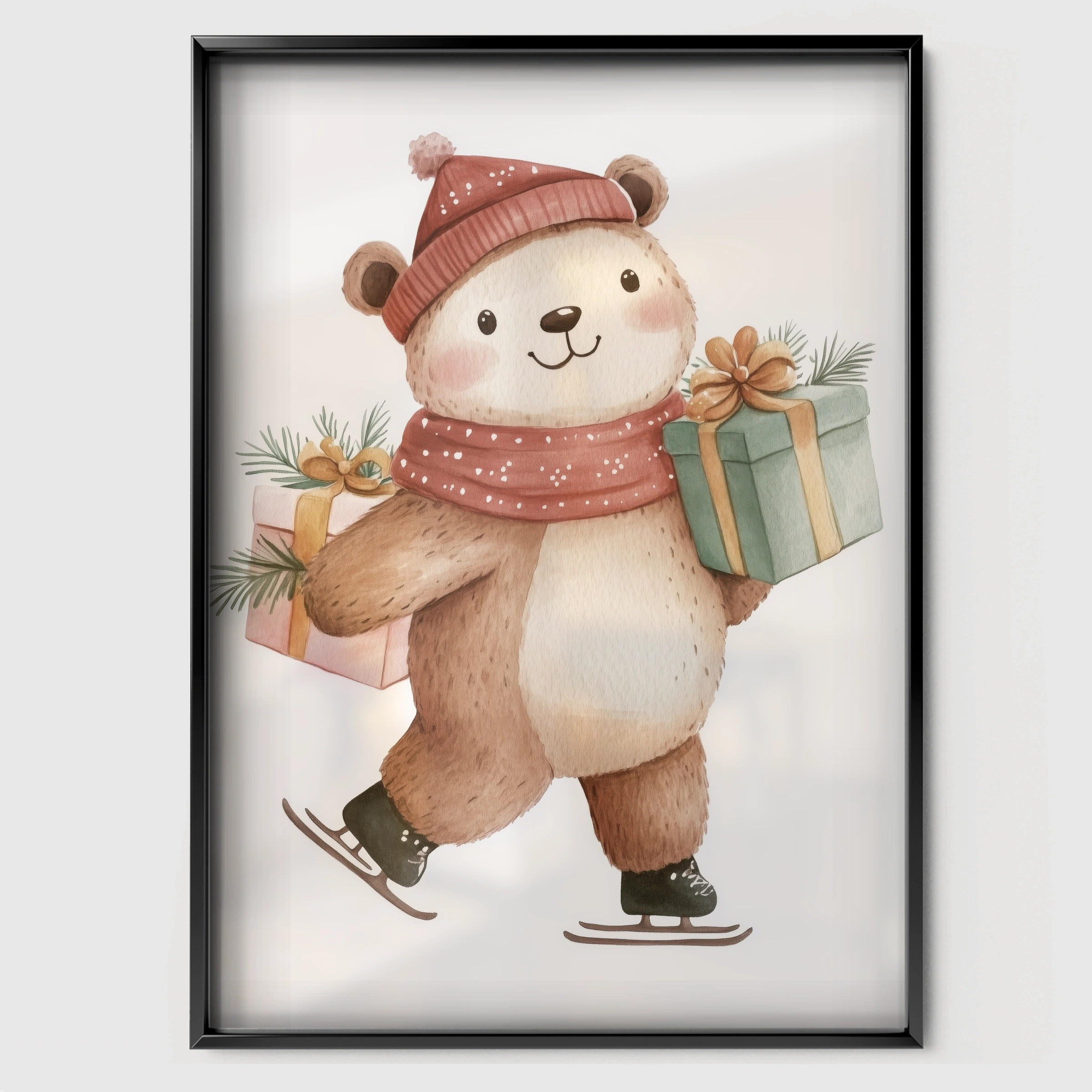 Skating Bear Christmas Print - black framed nursery wall art print