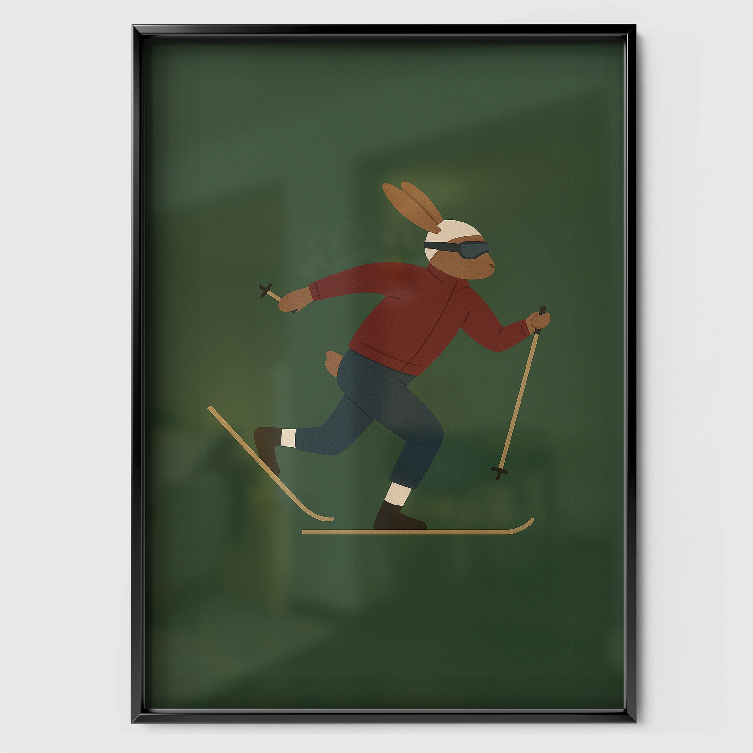 Skiing Rabbit Nursery Print - black framed nursery wall art print