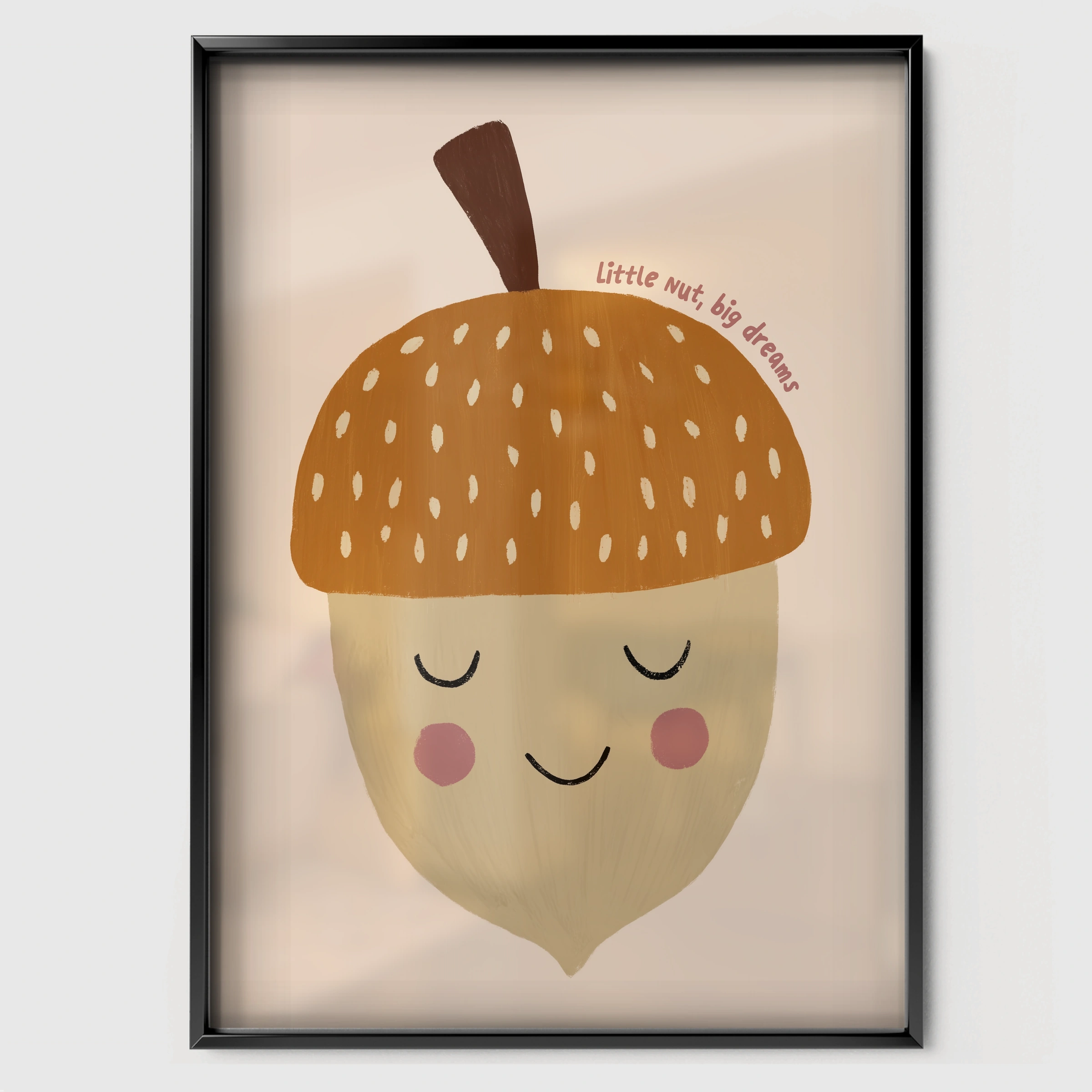 Sleepy Acorn Nursery Print - black framed nursery wall art print