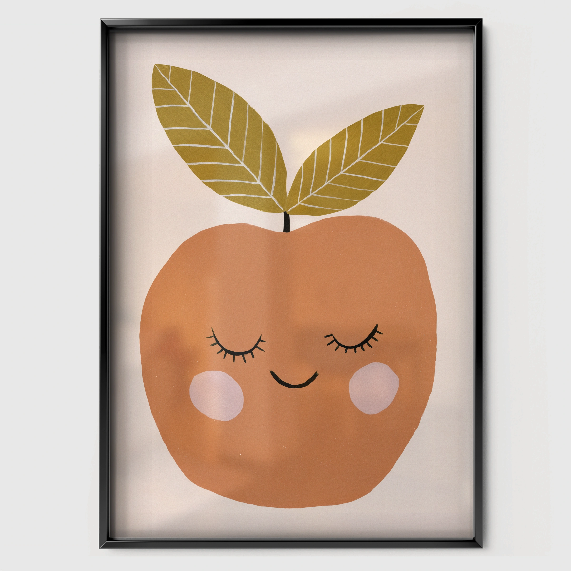Sleepy Apple Nursery Print - black framed nursery wall art print