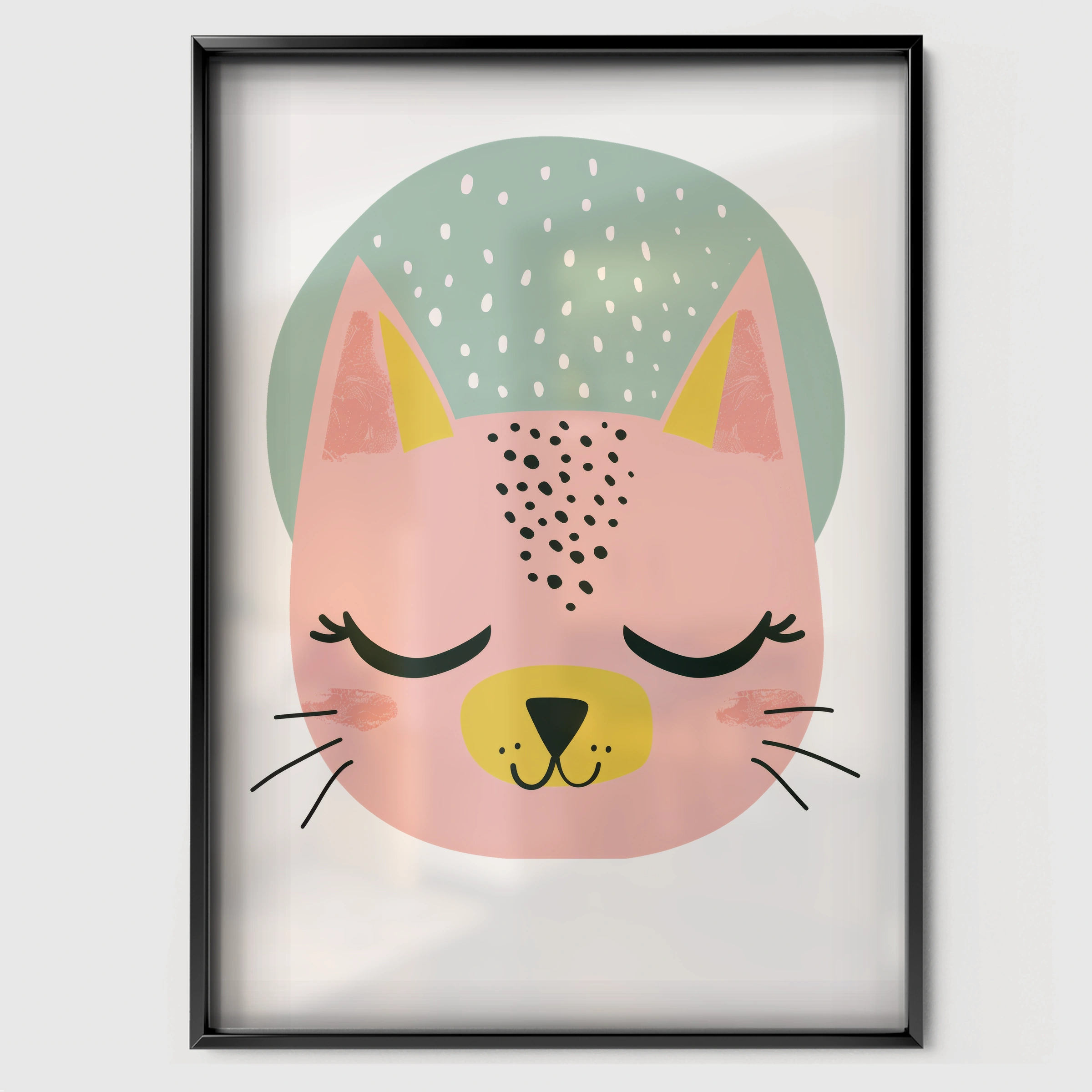 Sleepy Cat Face Nursery Print - black framed nursery wall art print