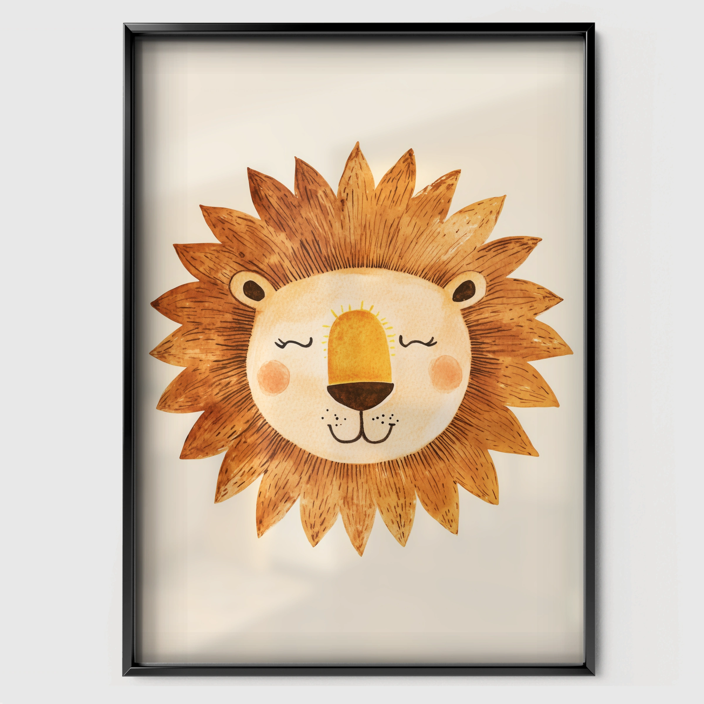 Sleepy Lion Face Nursery Print - black framed nursery wall art print