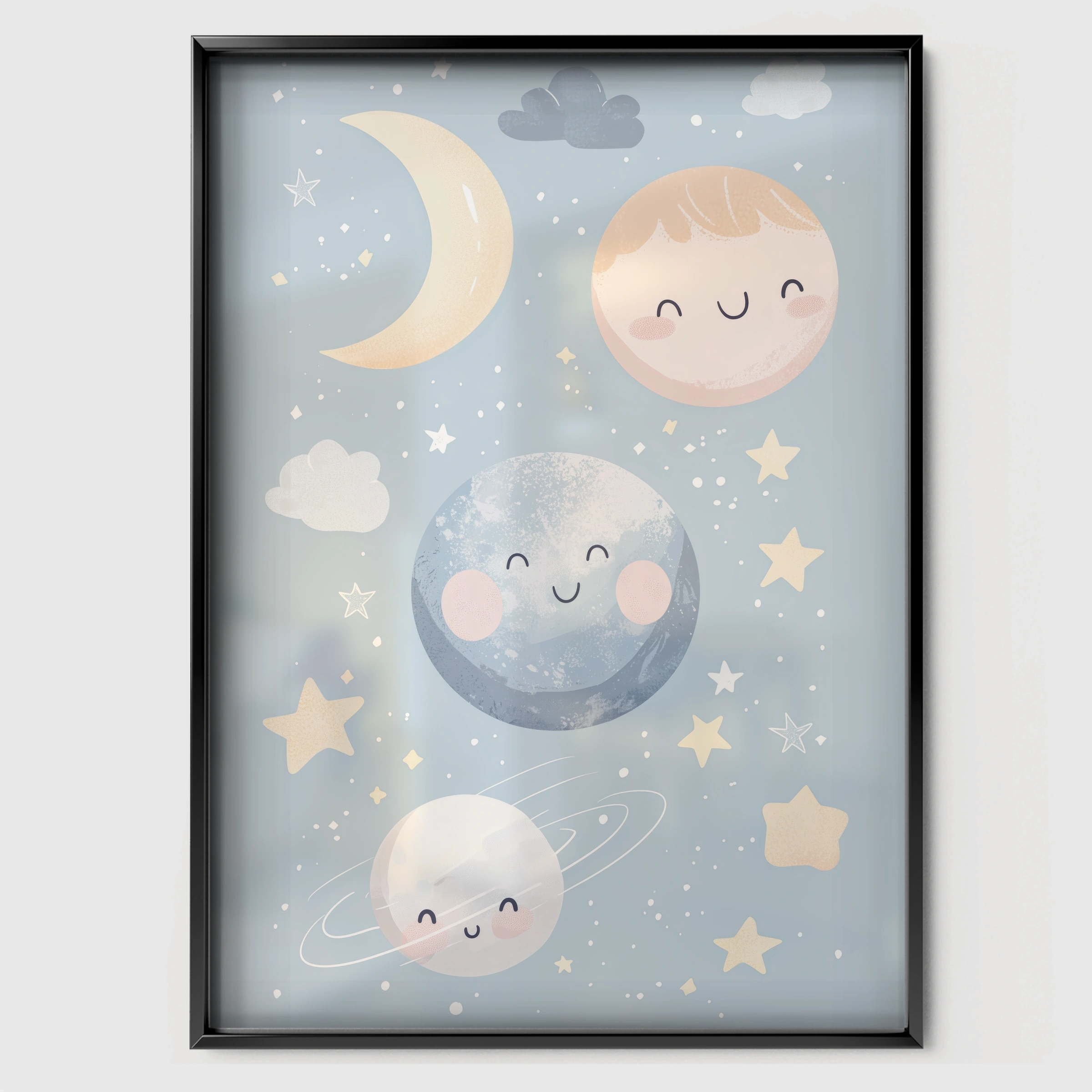 Sleepy Moon Nursery Print - black framed nursery wall art print