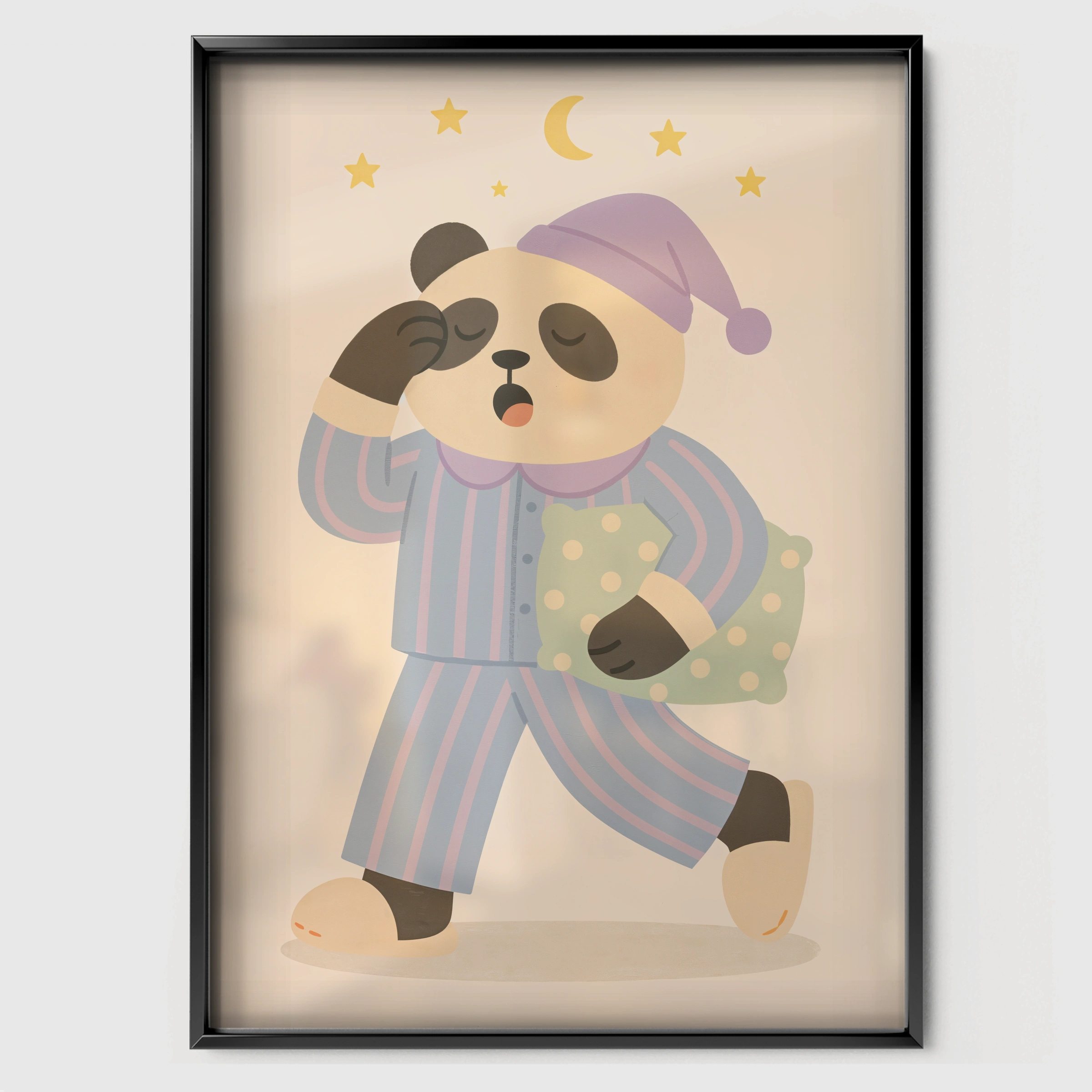 Sleepy Panda Nursery Print - black framed nursery wall art print