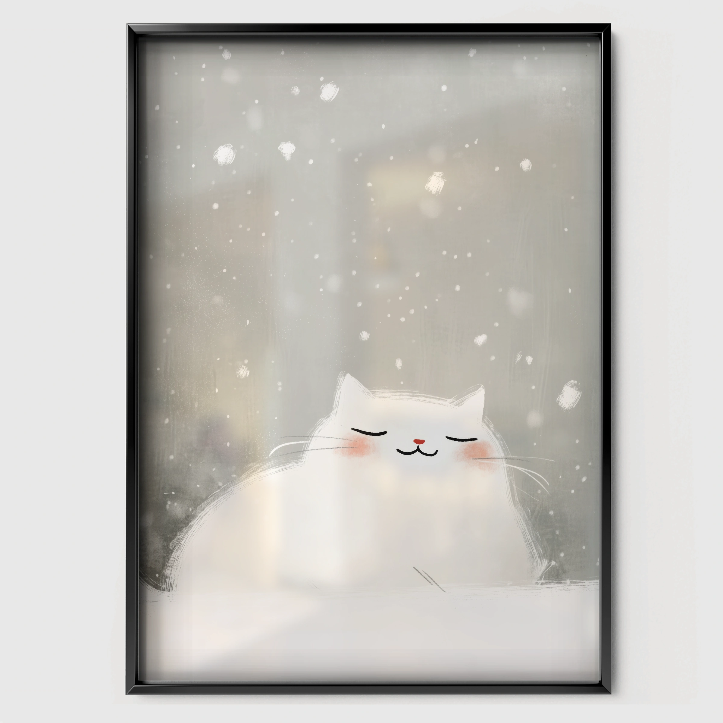Sleepy White Cat Christmas Print - black framed nursery wall art print