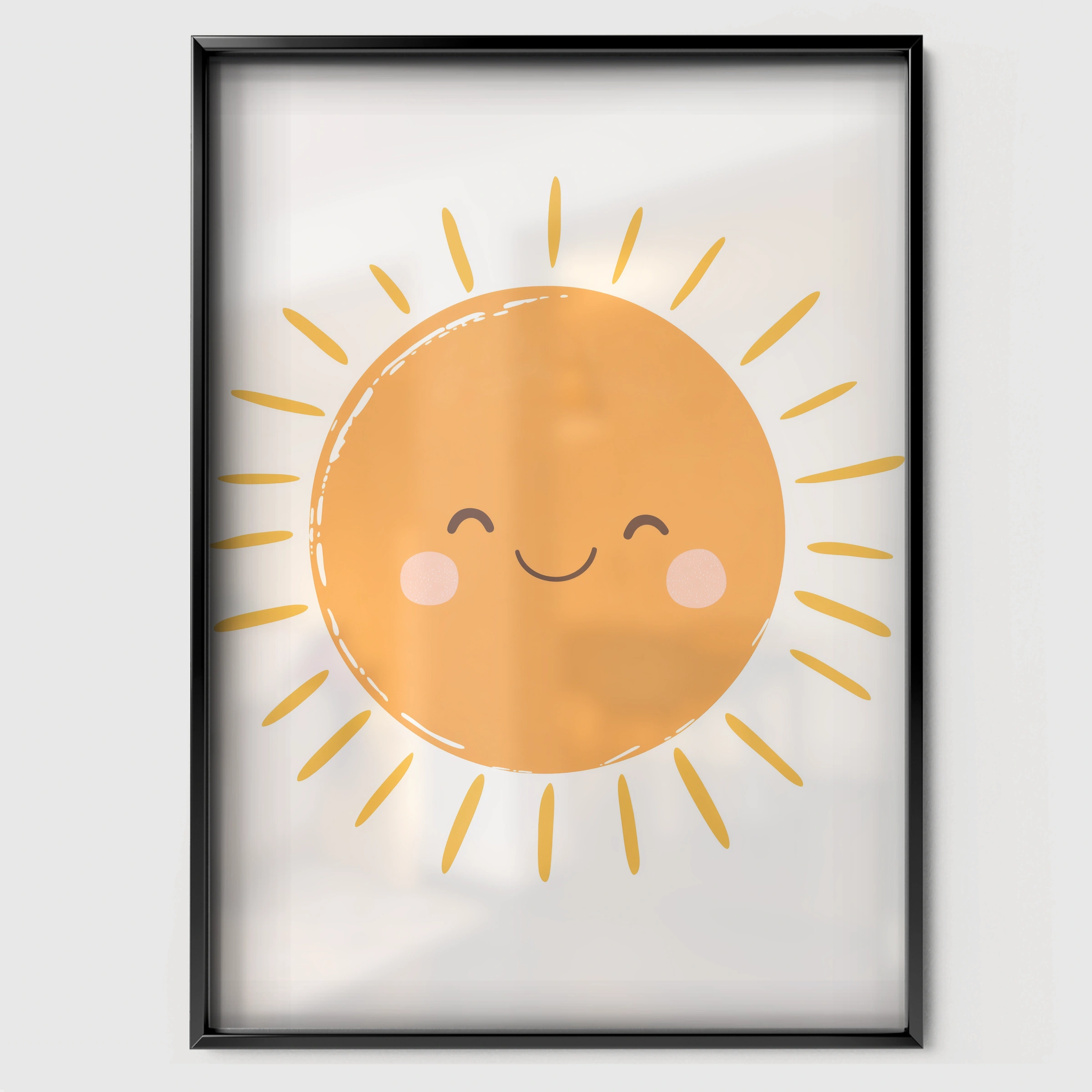 Smiling Sun Face Nursery Print - black framed nursery wall art print