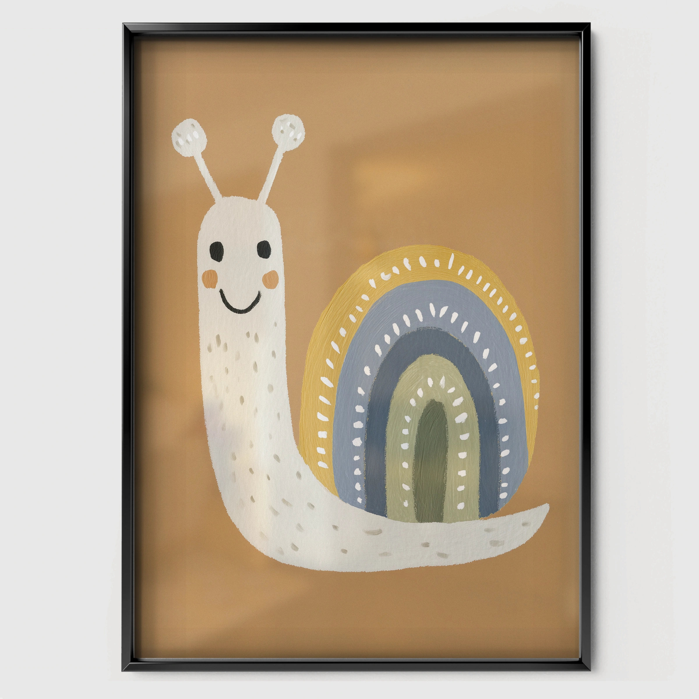 Snail and Rainbow Nursery Print - black framed nursery wall art print