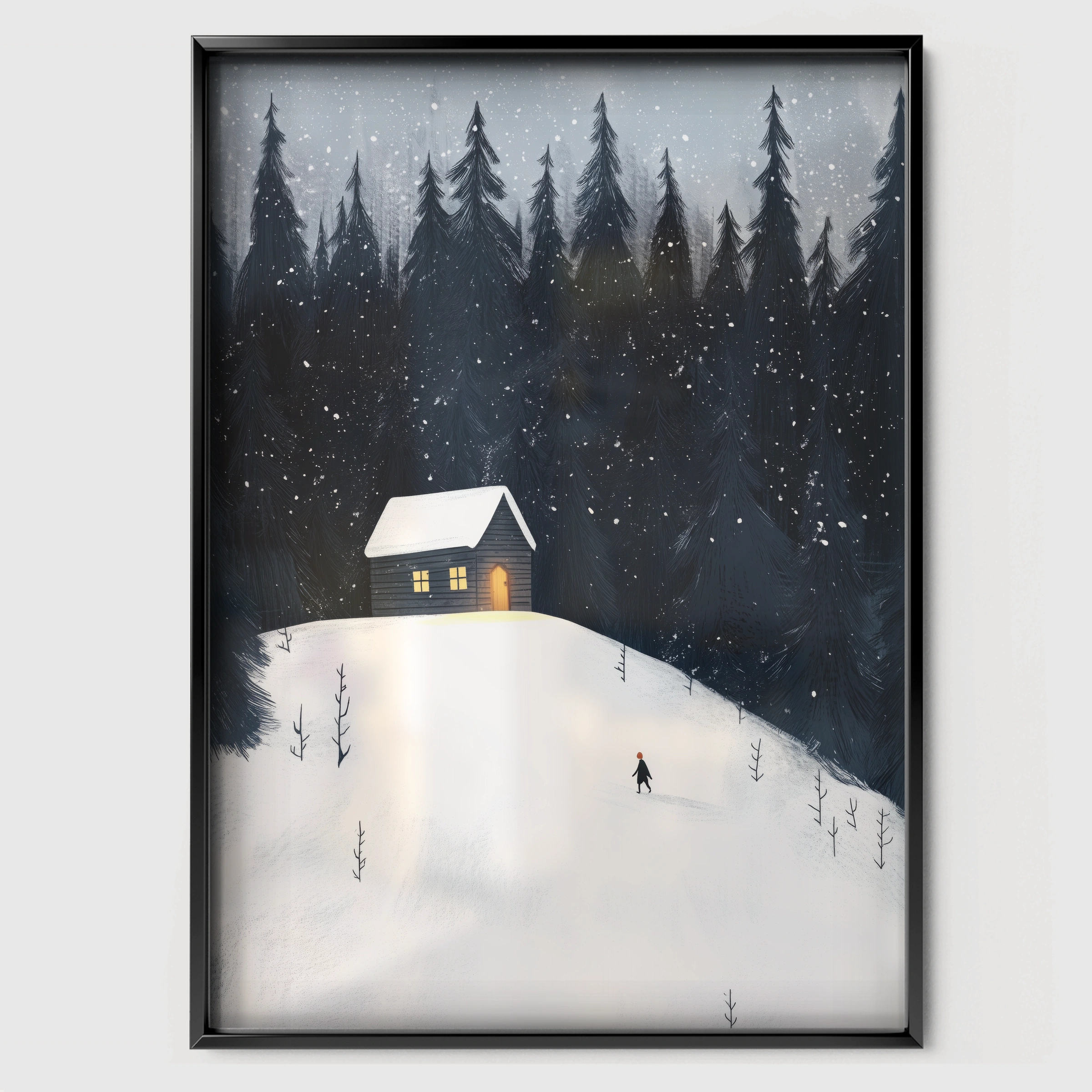 Snowy Cabin in the Forest Christmas Print - black framed nursery wall art print