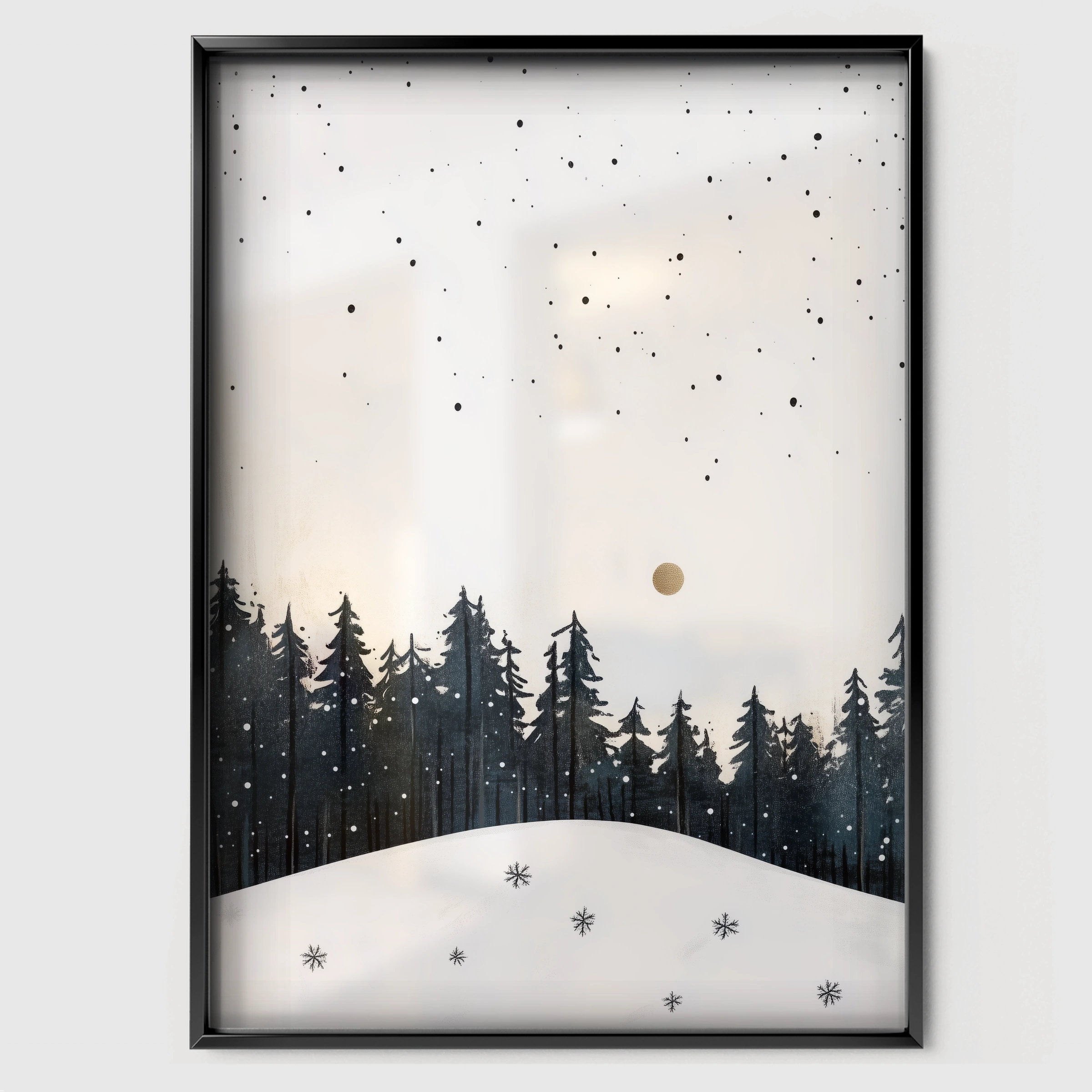 Snowy Forest at Night Christmas Print - black framed nursery wall art print